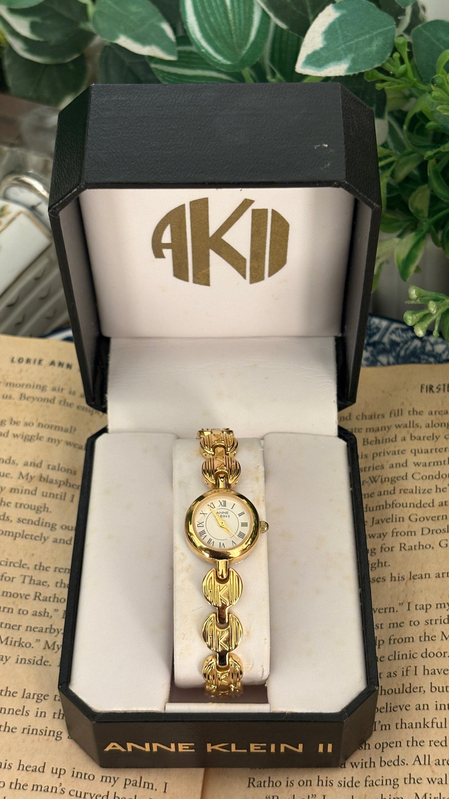 Rare Vintage Anne Klein Logo Bracelet Watch in Gold Tone Quartz with Box