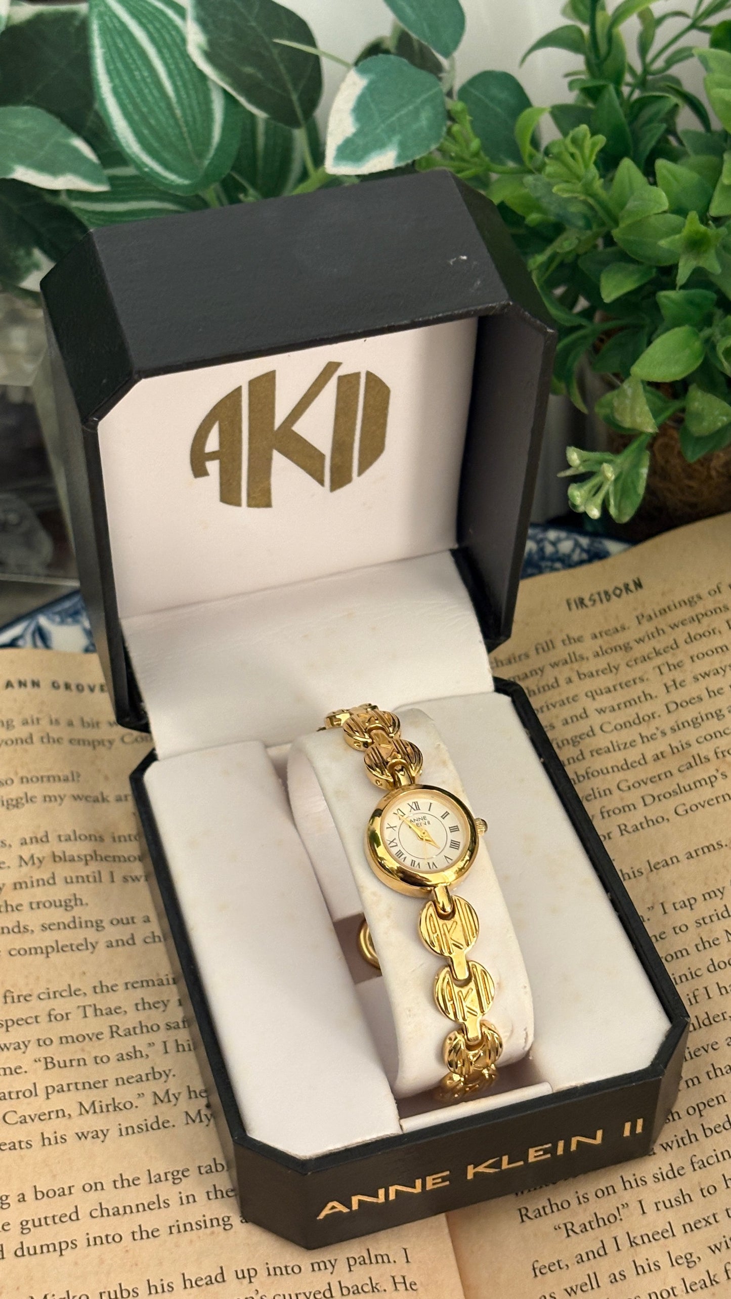 Rare Vintage Anne Klein Logo Bracelet Watch in Gold Tone Quartz with Box