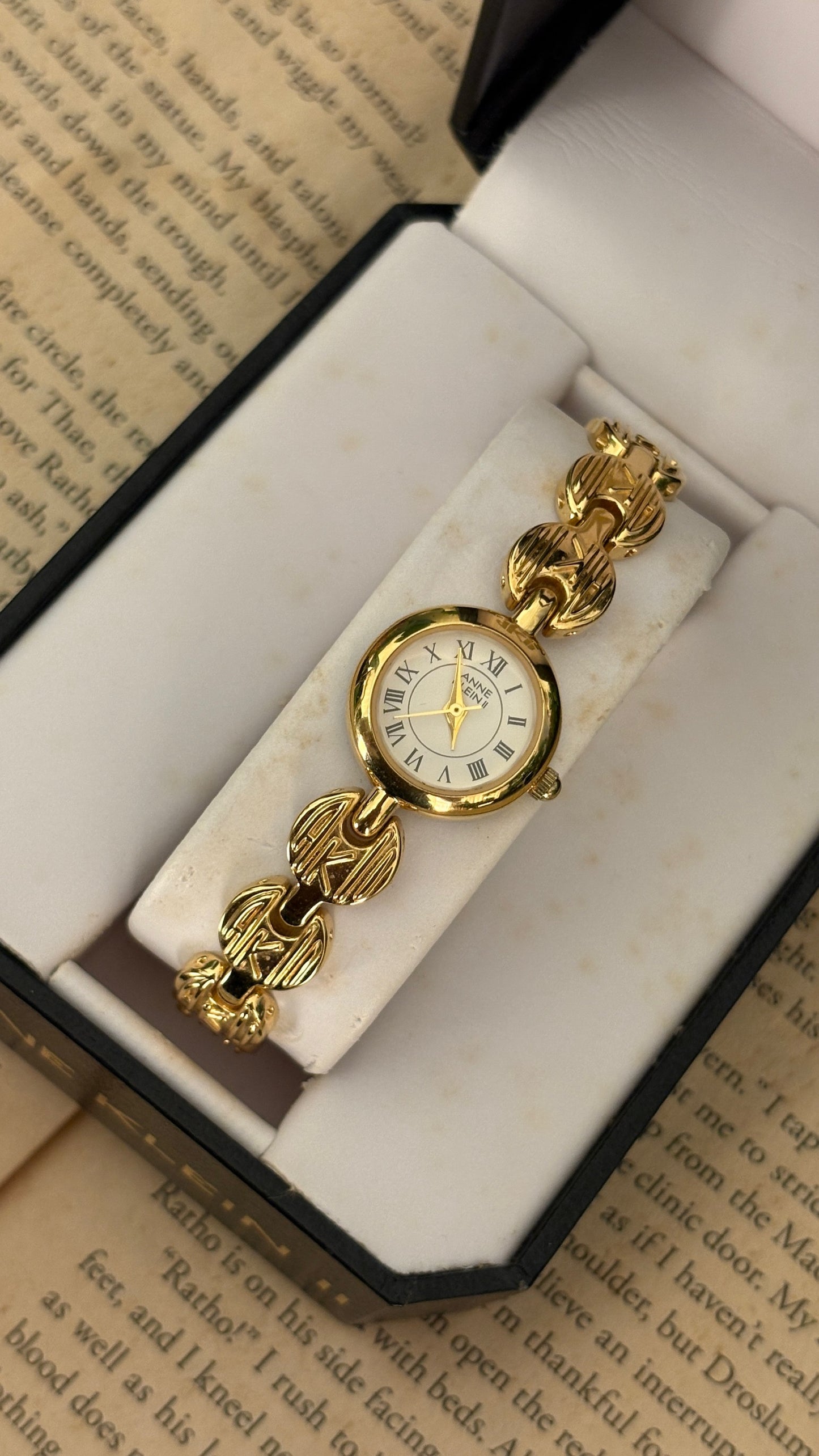 Rare Vintage Anne Klein Logo Bracelet Watch in Gold Tone Quartz with Box
