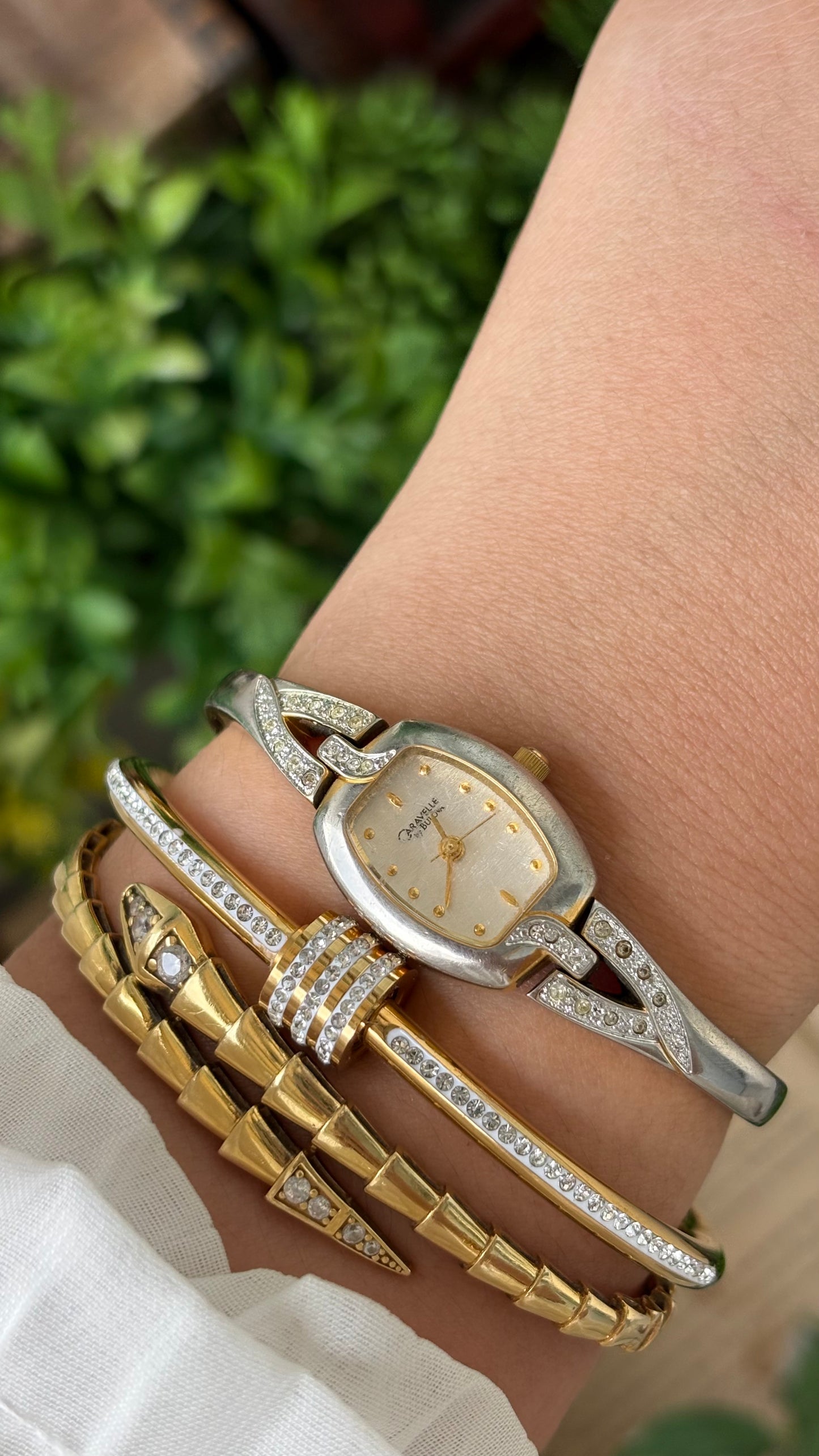 Vintage Dainty Caravelle by Bulova Semi-Bangle Stem Watch in Gold Tone Quartz #00233