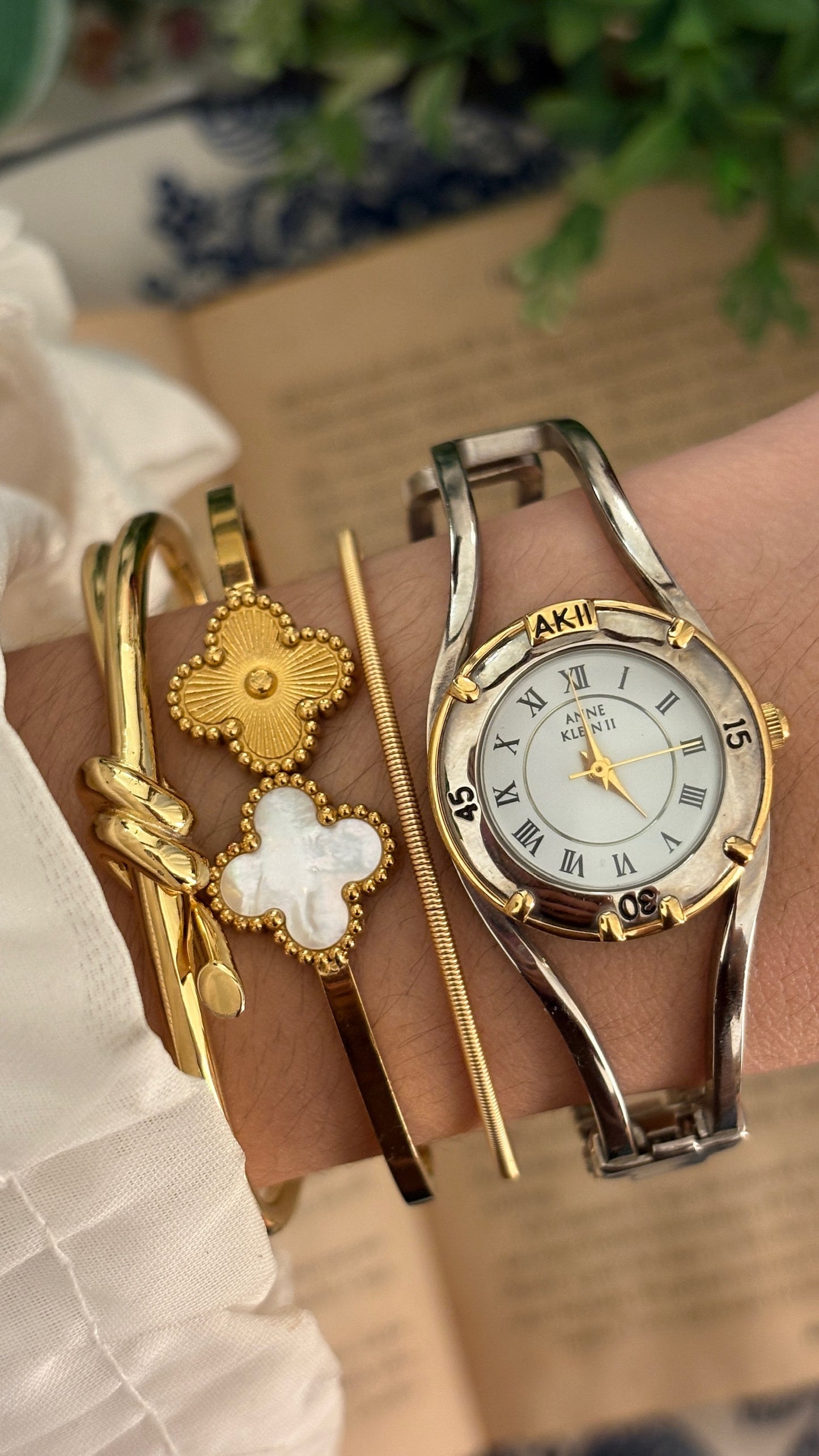 Rare Vintage Anne Klein II Interchangeable Bezel Hollow Bangle Watch Set in Two-Tone Quartz with Box
