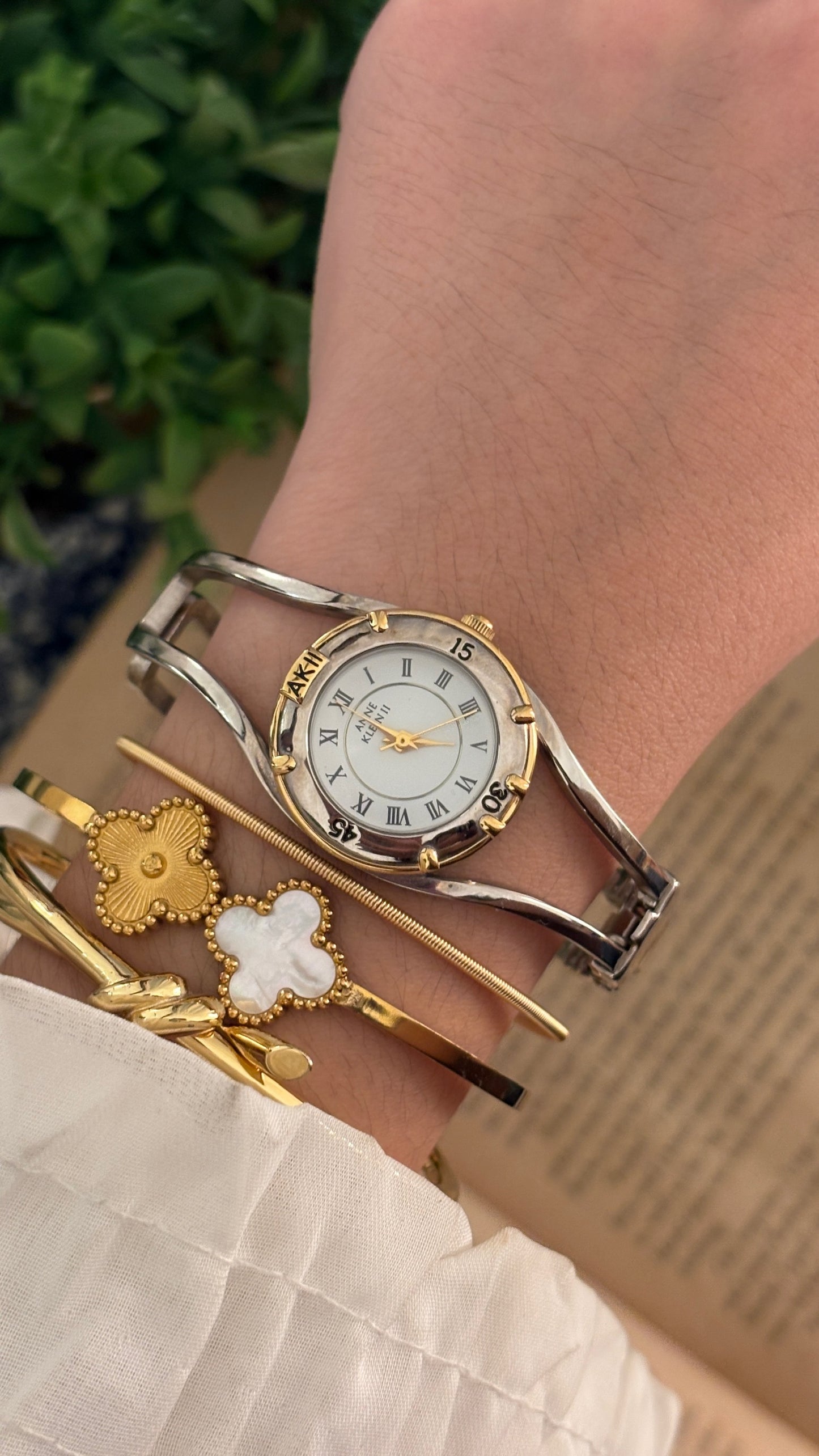 Rare Vintage Anne Klein II Interchangeable Bezel Hollow Bangle Watch Set in Two-Tone Quartz with Box
