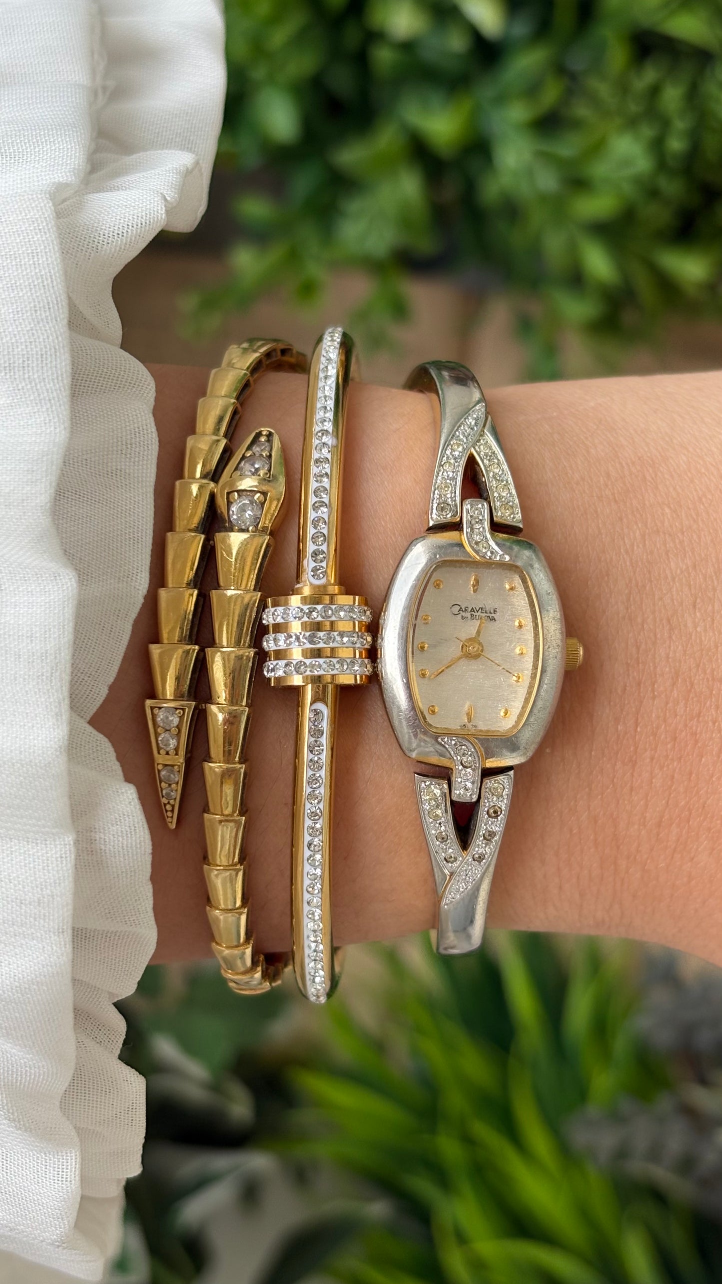 Vintage Dainty Caravelle by Bulova Semi-Bangle Stem Watch in Gold Tone Quartz #00233