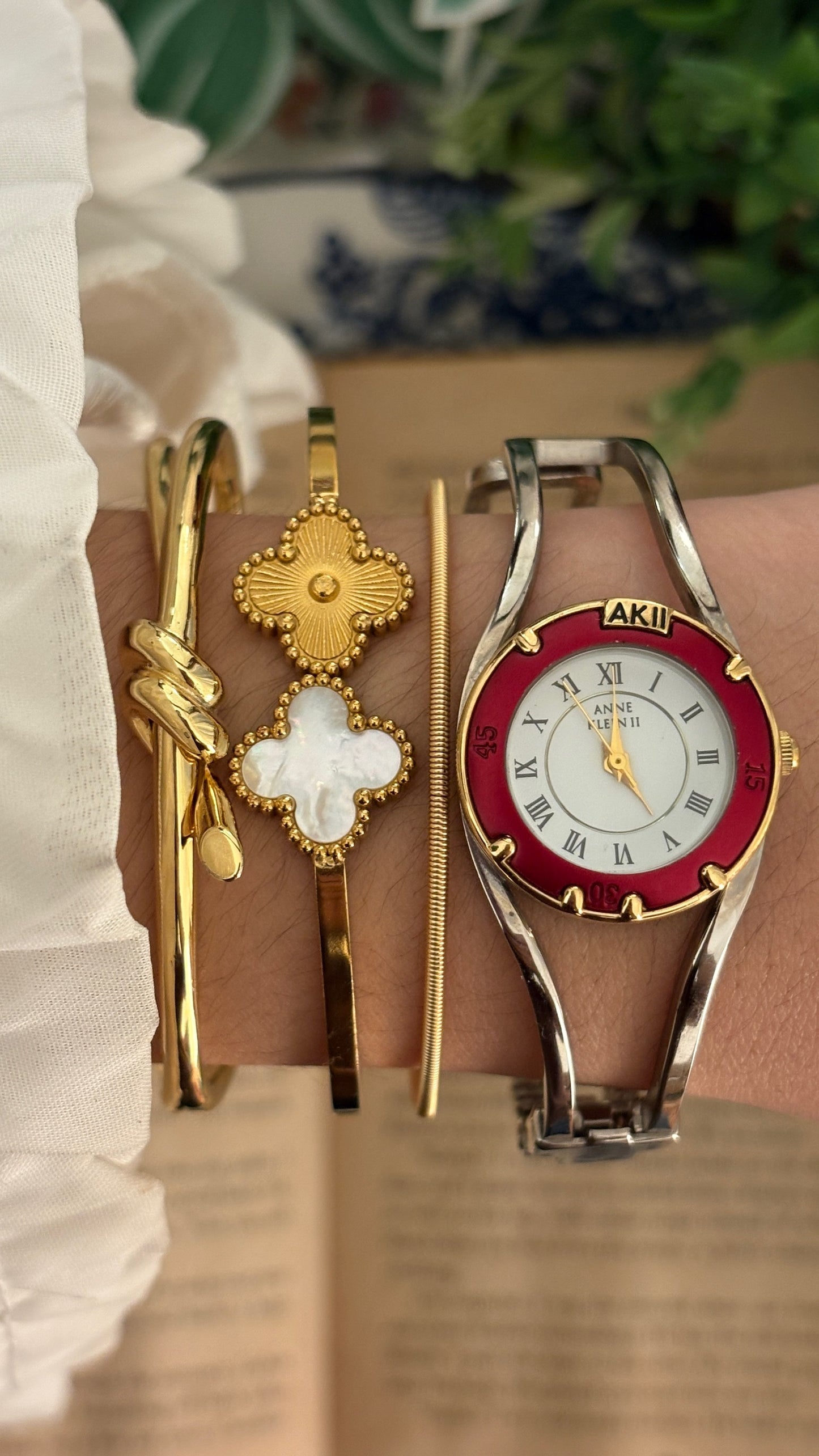 Rare Vintage Anne Klein II Interchangeable Bezel Hollow Bangle Watch Set in Two-Tone Quartz with Box