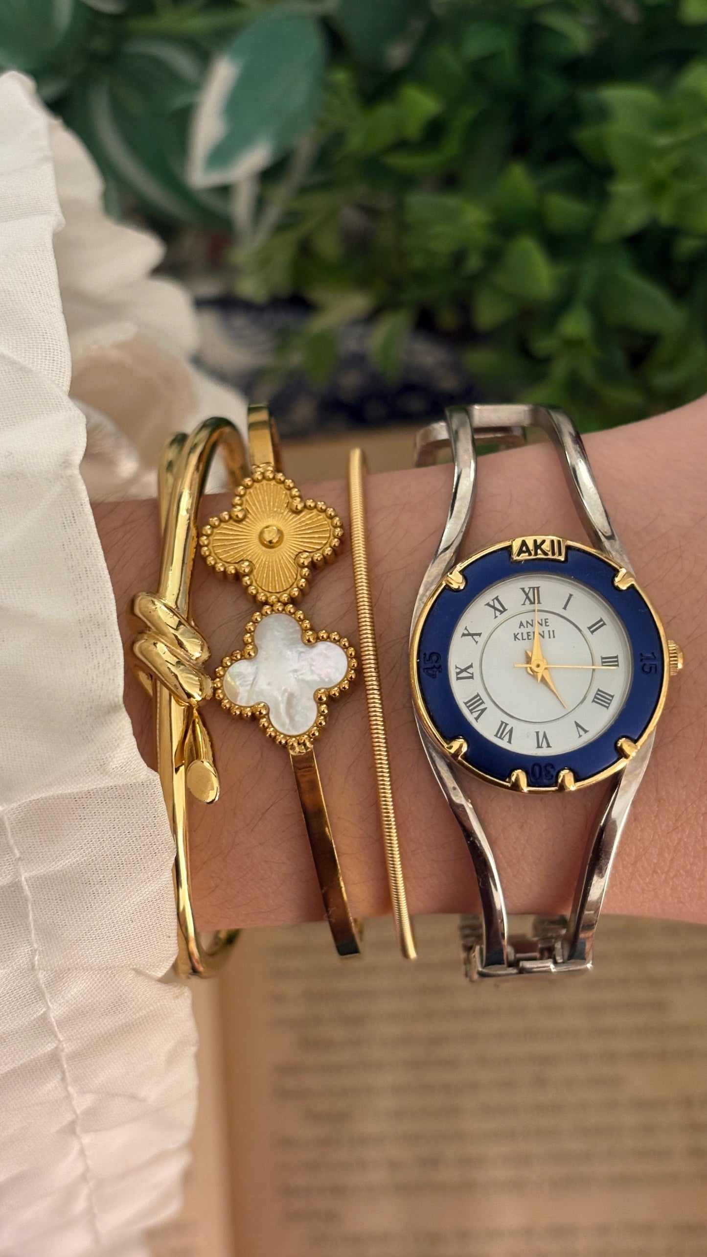 Rare Vintage Anne Klein II Interchangeable Bezel Hollow Bangle Watch Set in Two-Tone Quartz with Box