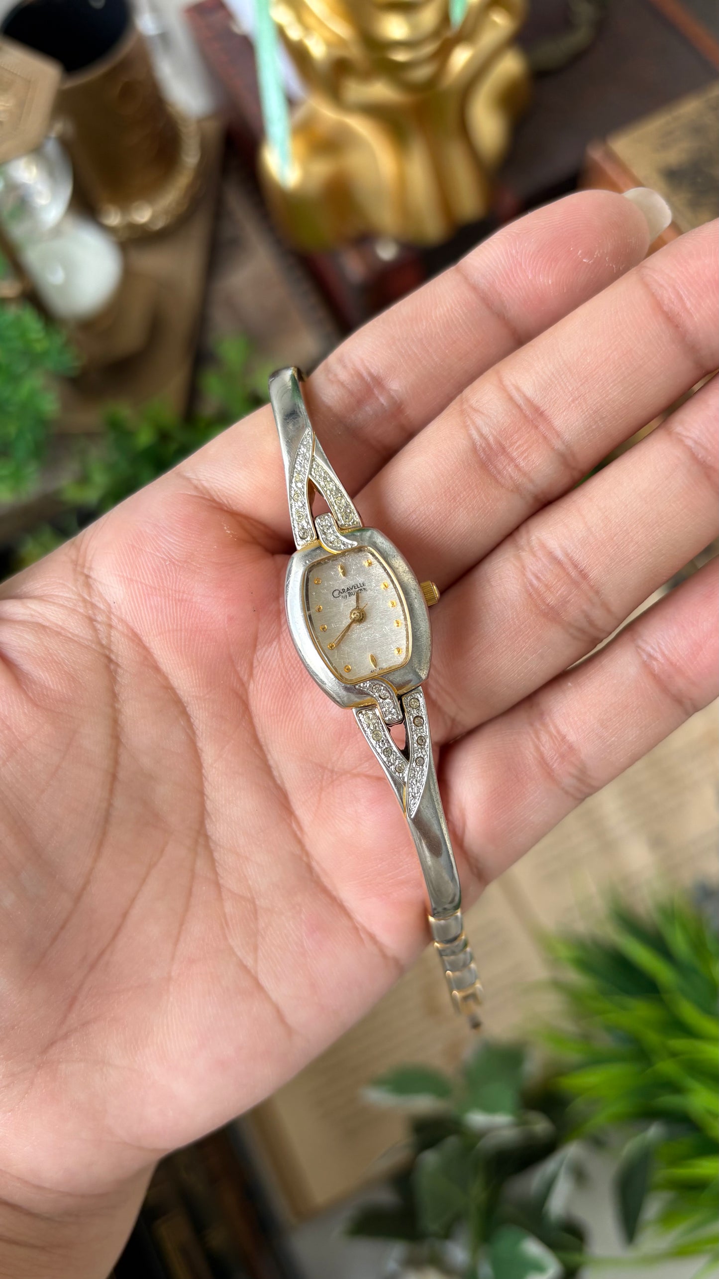 Vintage Dainty Caravelle by Bulova Semi-Bangle Stem Watch in Gold Tone Quartz #00233