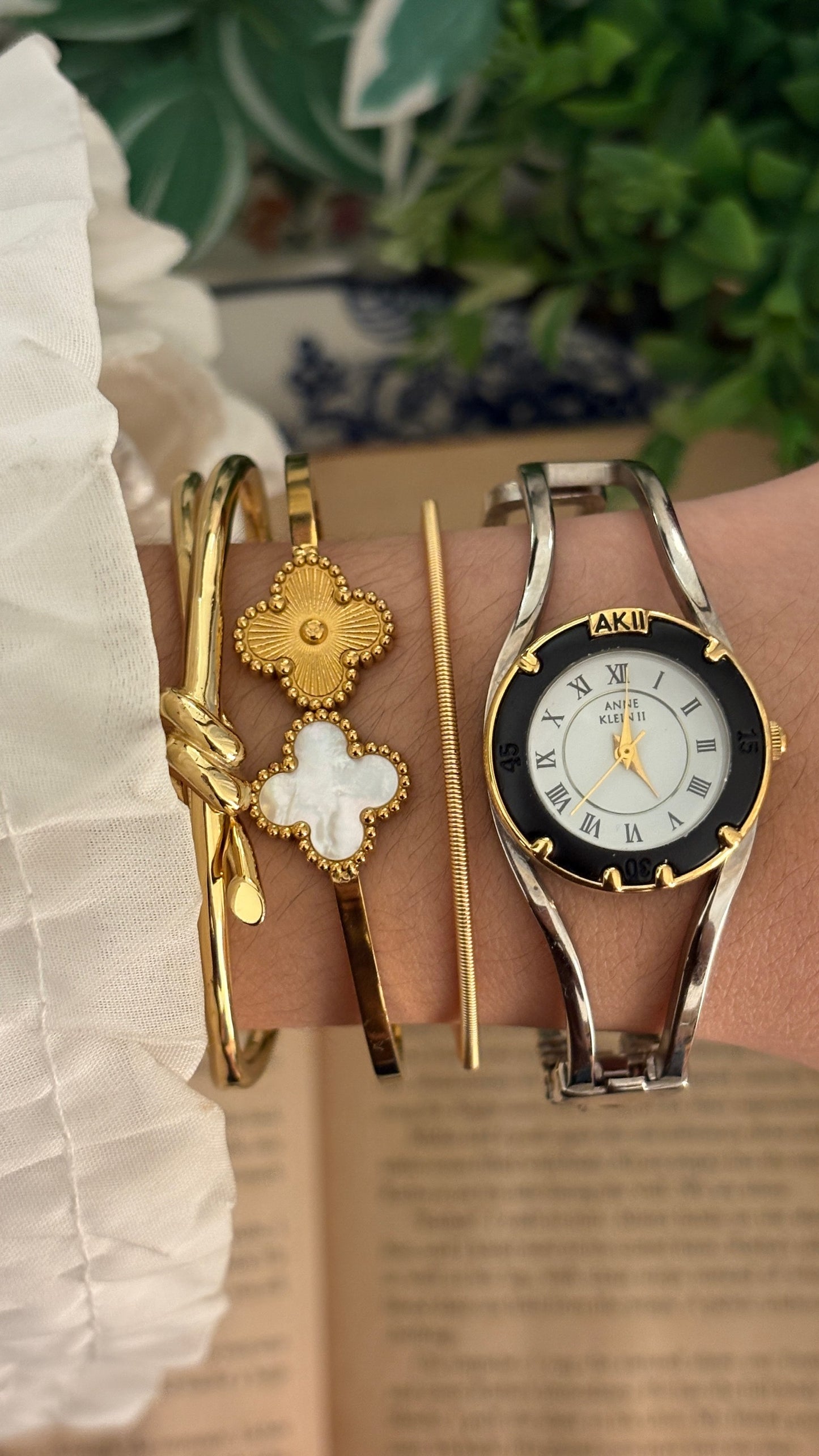 Rare Vintage Anne Klein II Interchangeable Bezel Hollow Bangle Watch Set in Two-Tone Quartz with Box