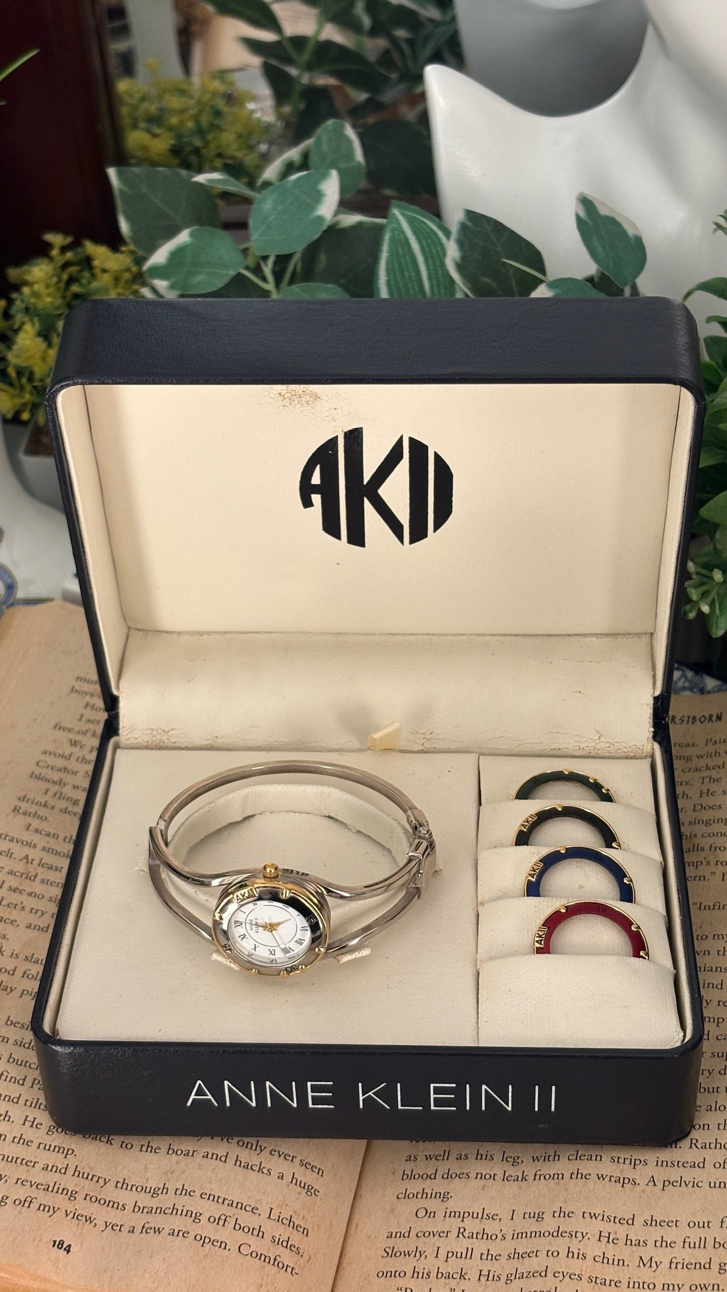 Rare Vintage Anne Klein II Interchangeable Bezel Hollow Bangle Watch Set in Two-Tone Quartz with Box