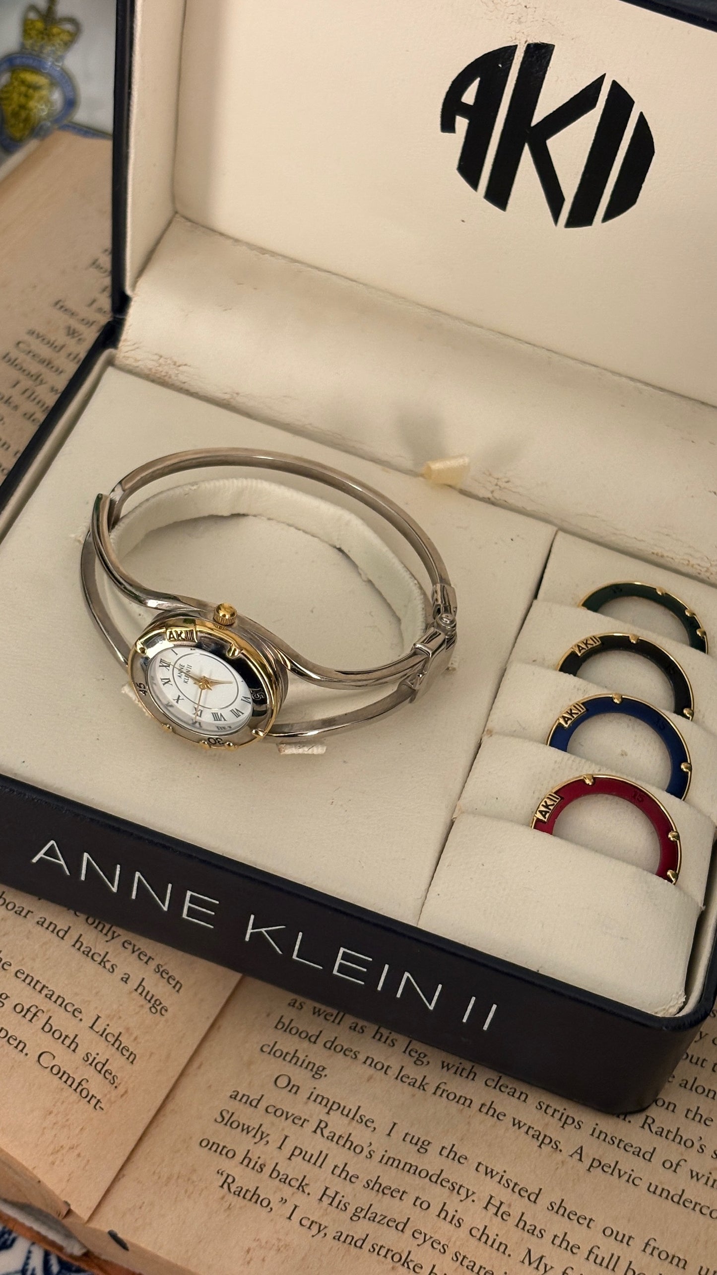 Rare Vintage Anne Klein II Interchangeable Bezel Hollow Bangle Watch Set in Two-Tone Quartz with Box