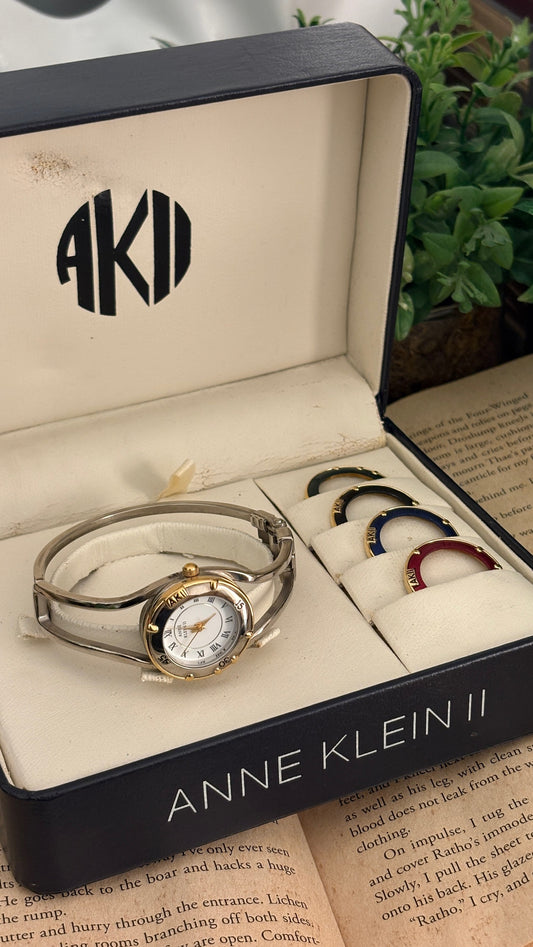 Rare Vintage Anne Klein II Interchangeable Bezel Hollow Bangle Watch Set in Two-Tone Quartz with Box