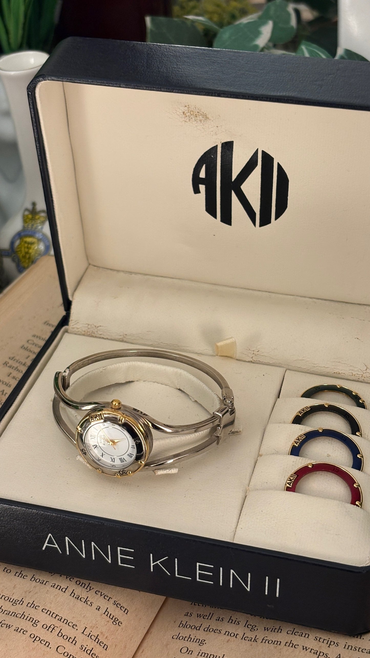 Rare Vintage Anne Klein II Interchangeable Bezel Hollow Bangle Watch Set in Two-Tone Quartz with Box