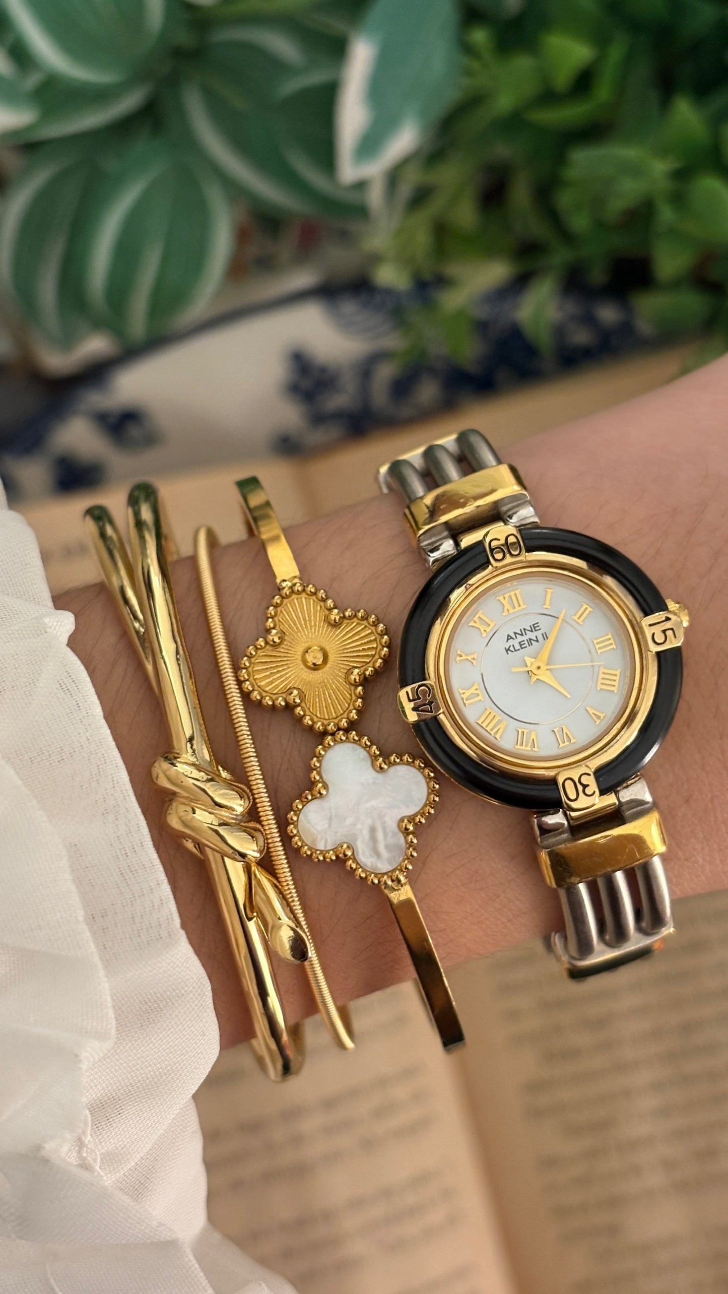 Rare Vintage Anne Klein II Interchangeable Bezel Multi-Bangle Watch Set in Two-Tone Quartz with Box