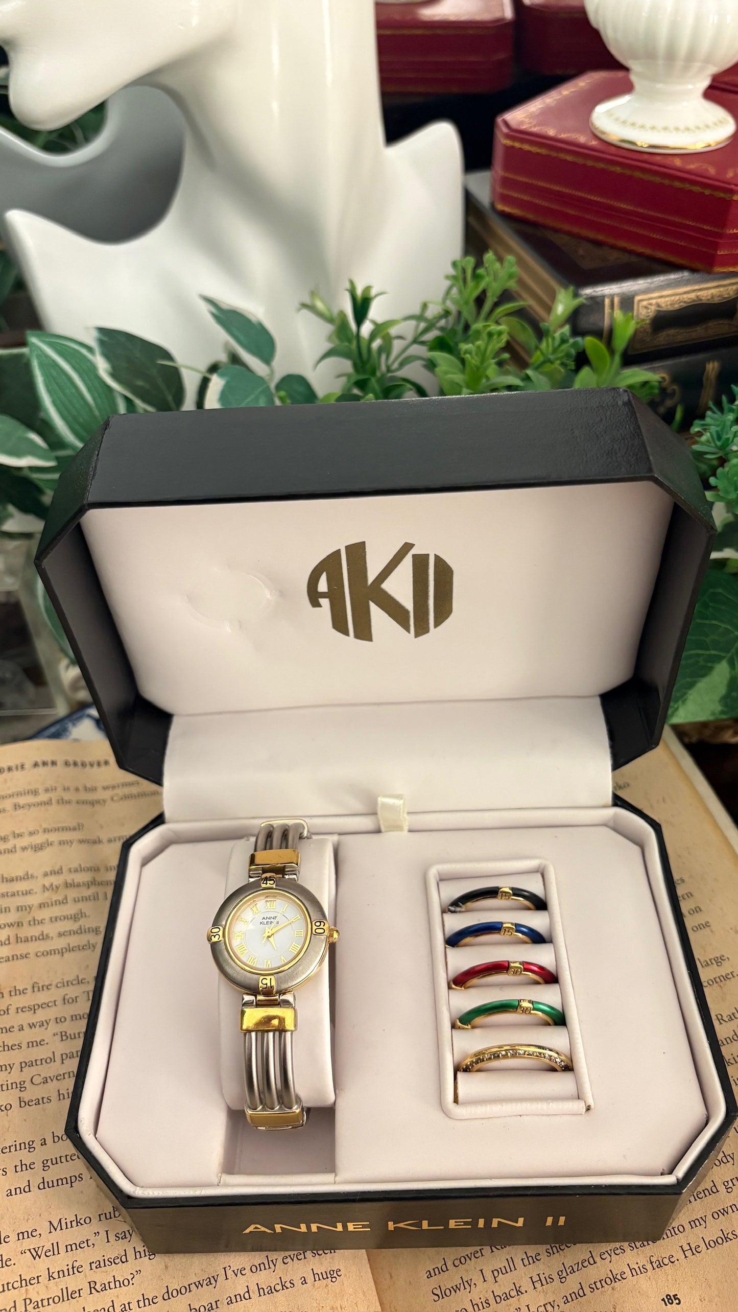 Rare Vintage Anne Klein II Interchangeable Bezel Multi-Bangle Watch Set in Two-Tone Quartz with Box