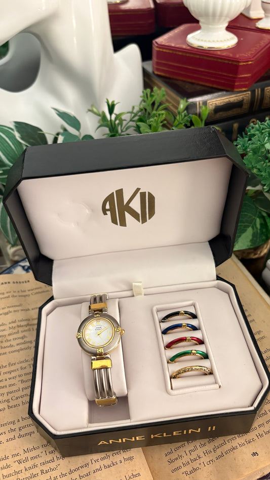Rare Vintage Anne Klein II Interchangeable Bezel Multi-Bangle Watch Set in Two-Tone Quartz with Box
