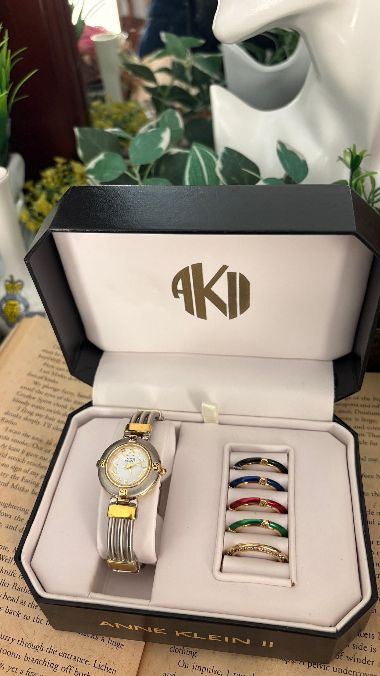 Rare Vintage Anne Klein II Interchangeable Bezel Multi-Bangle Watch Set in Two-Tone Quartz with Box