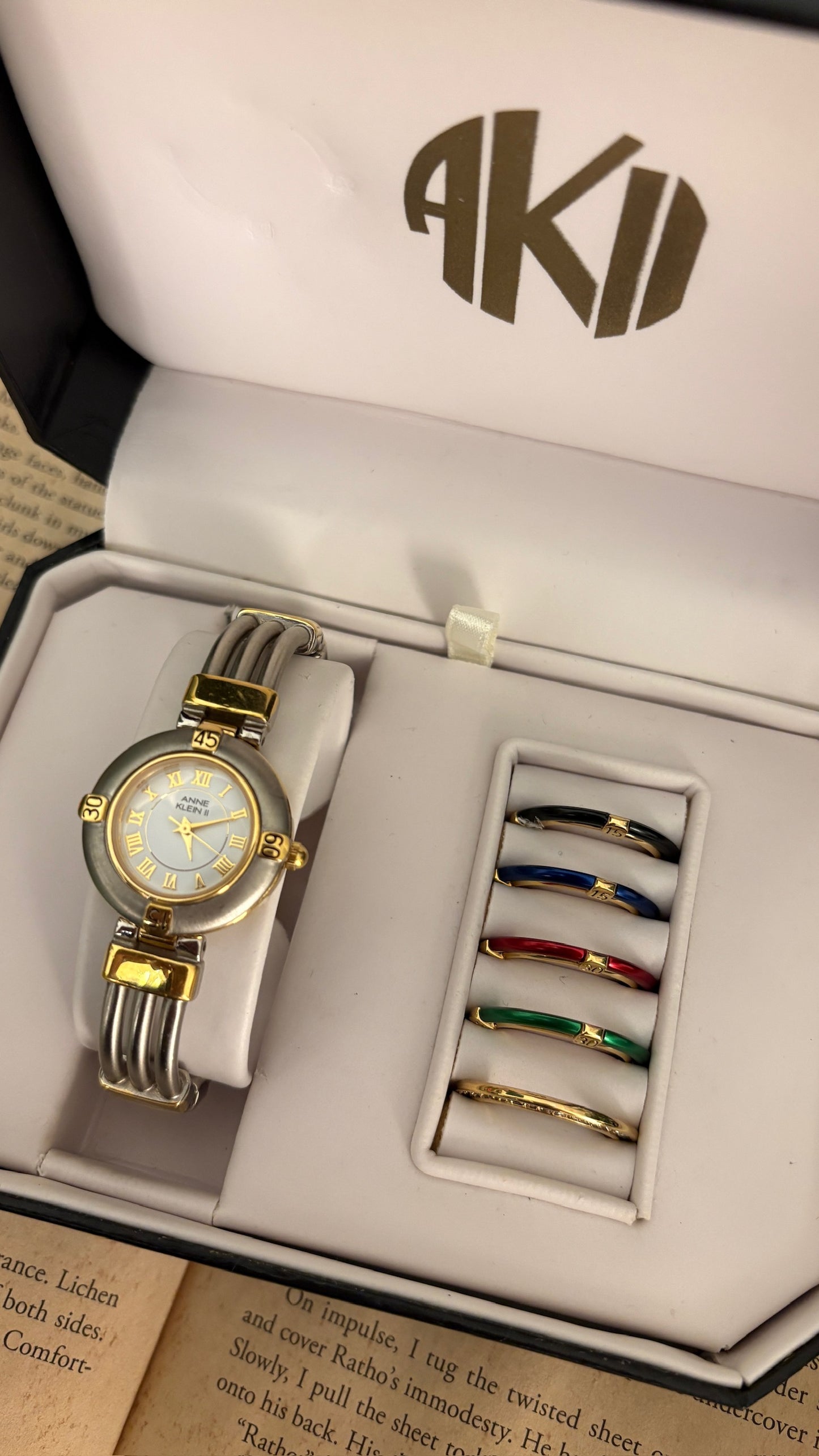 Rare Vintage Anne Klein II Interchangeable Bezel Multi-Bangle Watch Set in Two-Tone Quartz with Box