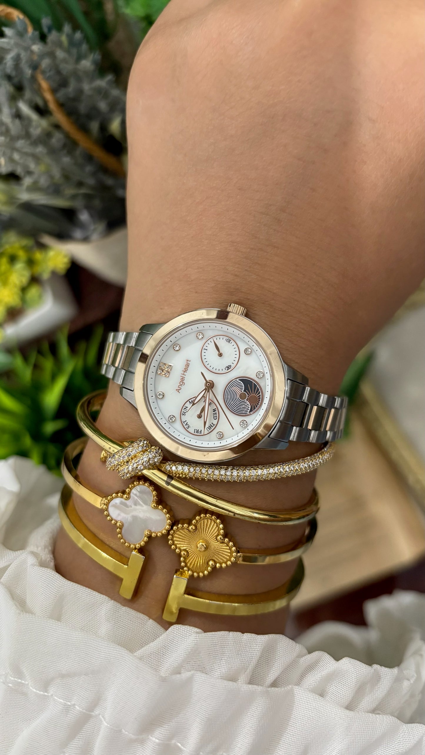 Rare Vintage Angel Heart Chrono Sun and Moon Phase Watch in Two-Tone Quartz