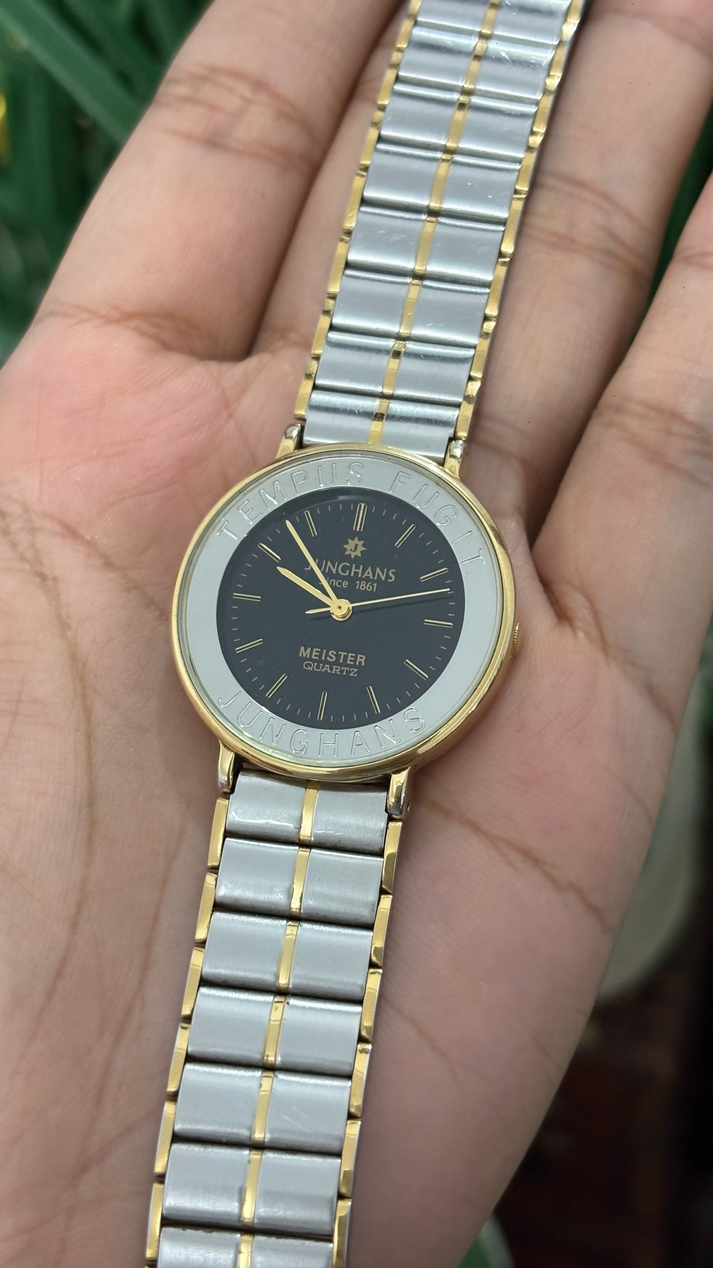Rare Vintage Junghans Meister Glass Overlap Bezel Watch in Two-Tone Black Dial Quartz