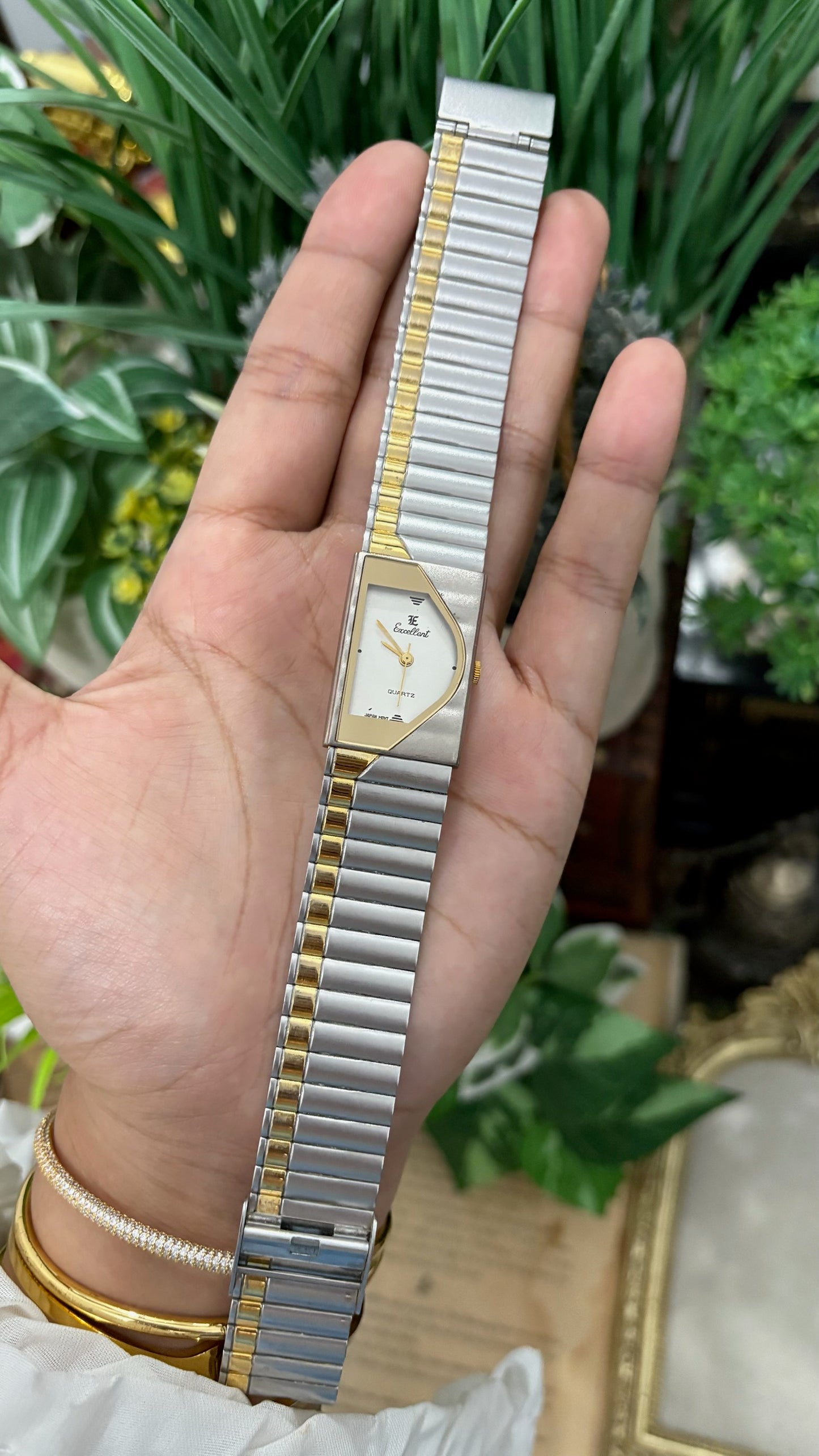 Rare Vintage Excellent Halfmoon Tank Watch in Two-Tone Quartz Seiko-Inspired