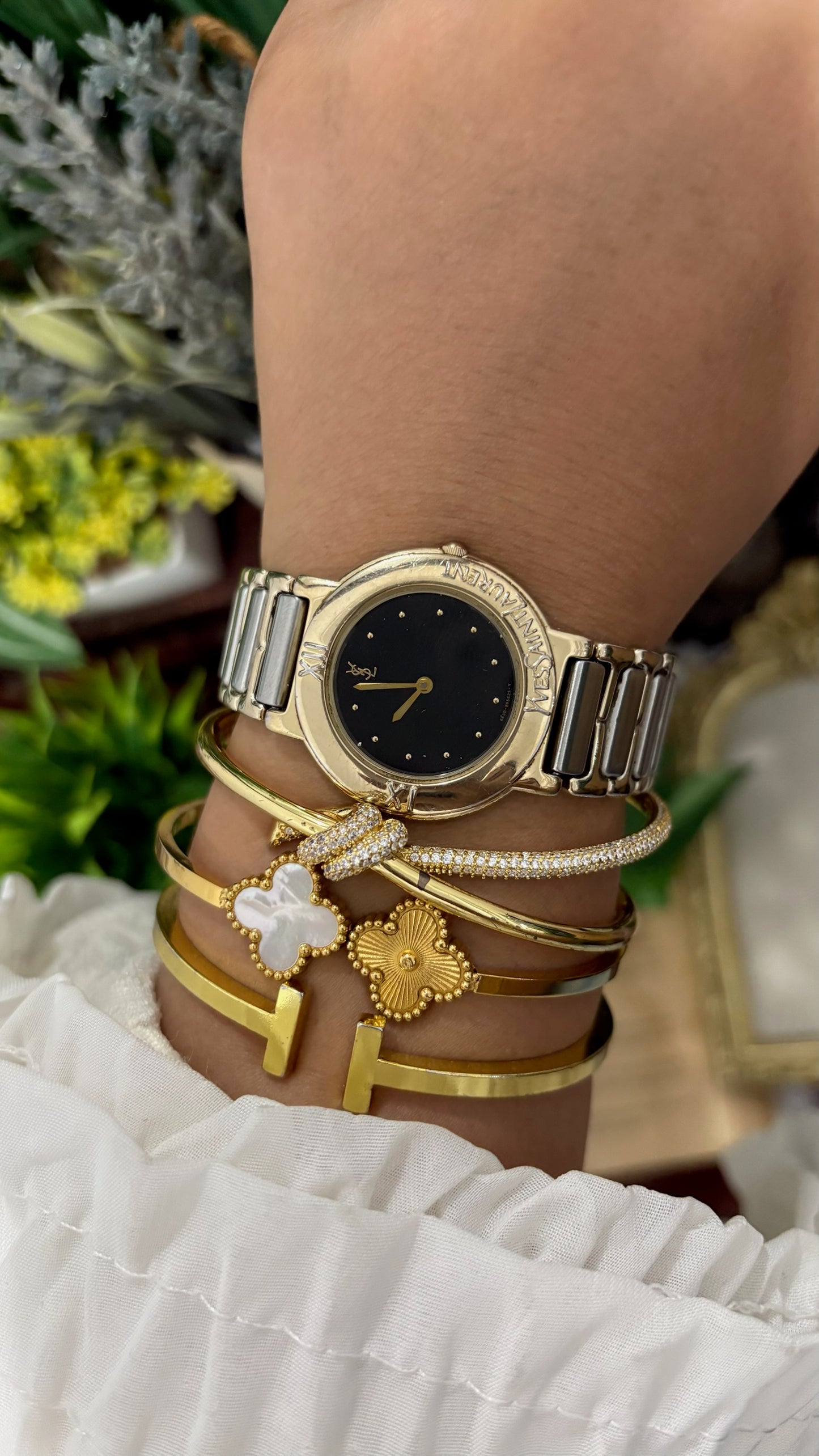 Rare Vintage YSL Embossed Bezel Dress Watch in Two-Tone Quartz
