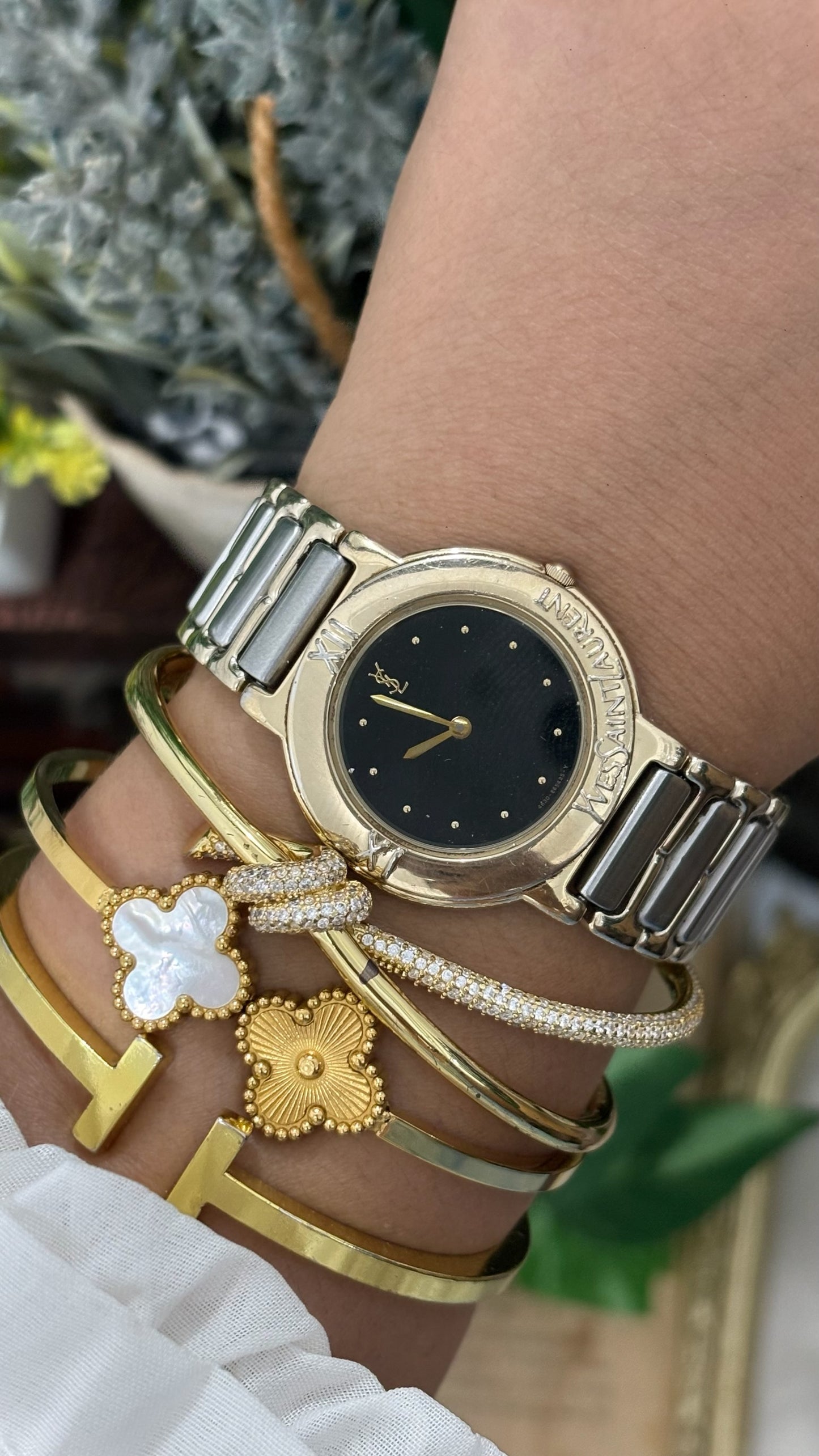 Rare Vintage YSL Embossed Bezel Dress Watch in Two-Tone Quartz