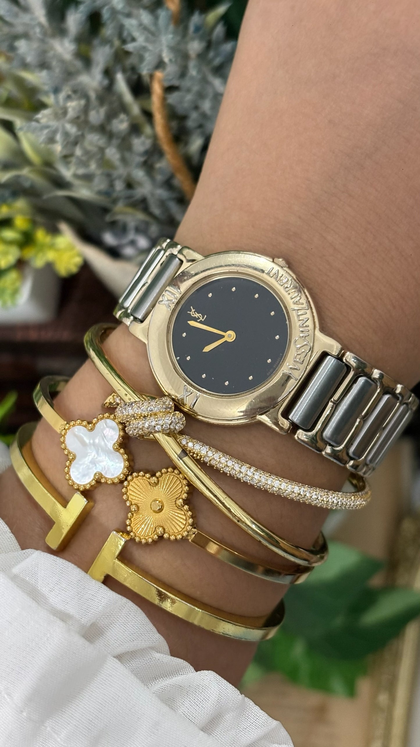 Rare Vintage YSL Embossed Bezel Dress Watch in Two-Tone Quartz
