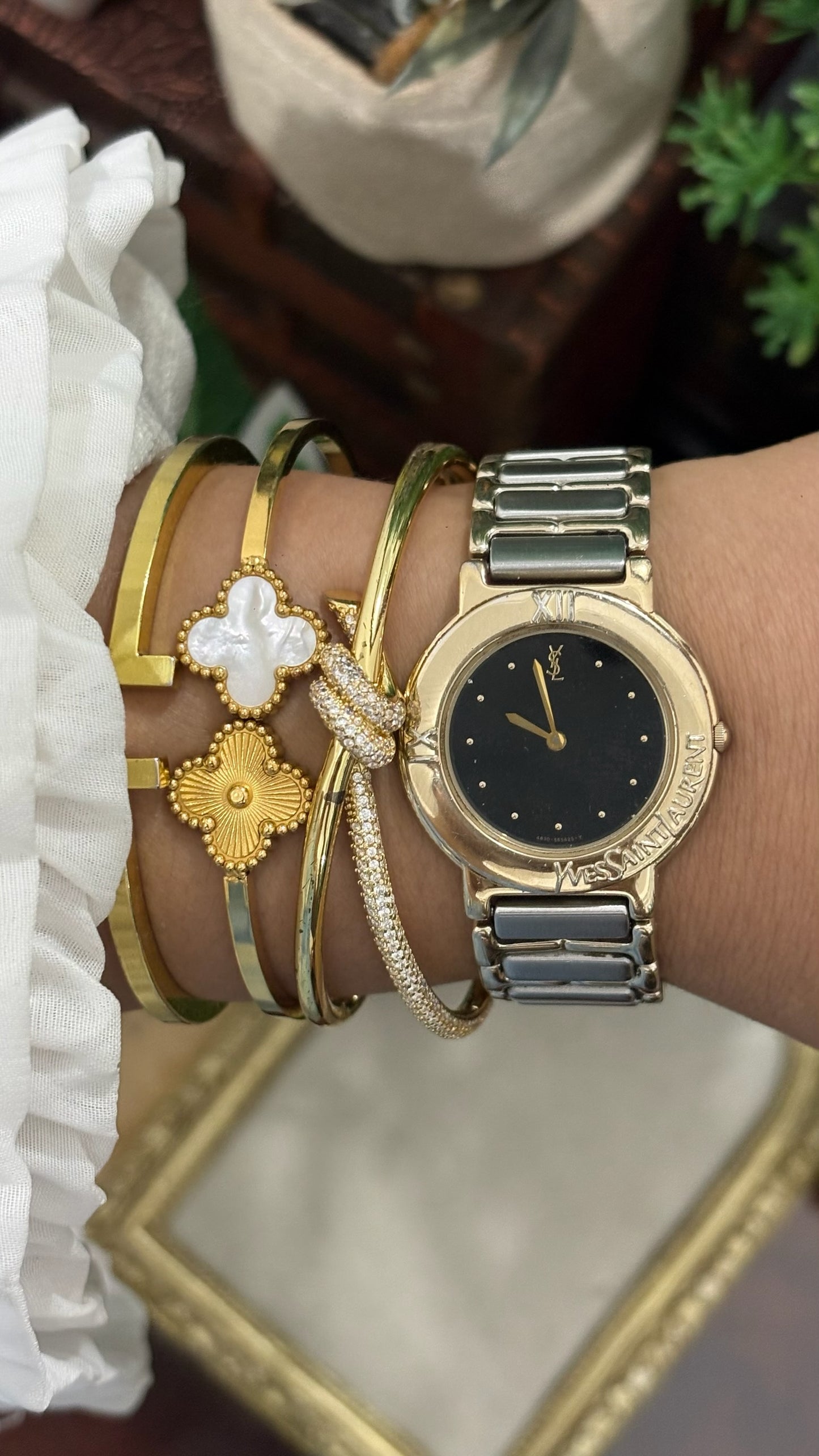 Rare Vintage YSL Embossed Bezel Dress Watch in Two-Tone Quartz