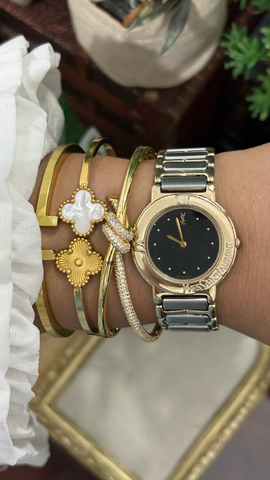 Rare Vintage YSL Embossed Bezel Dress Watch in Two-Tone Quartz