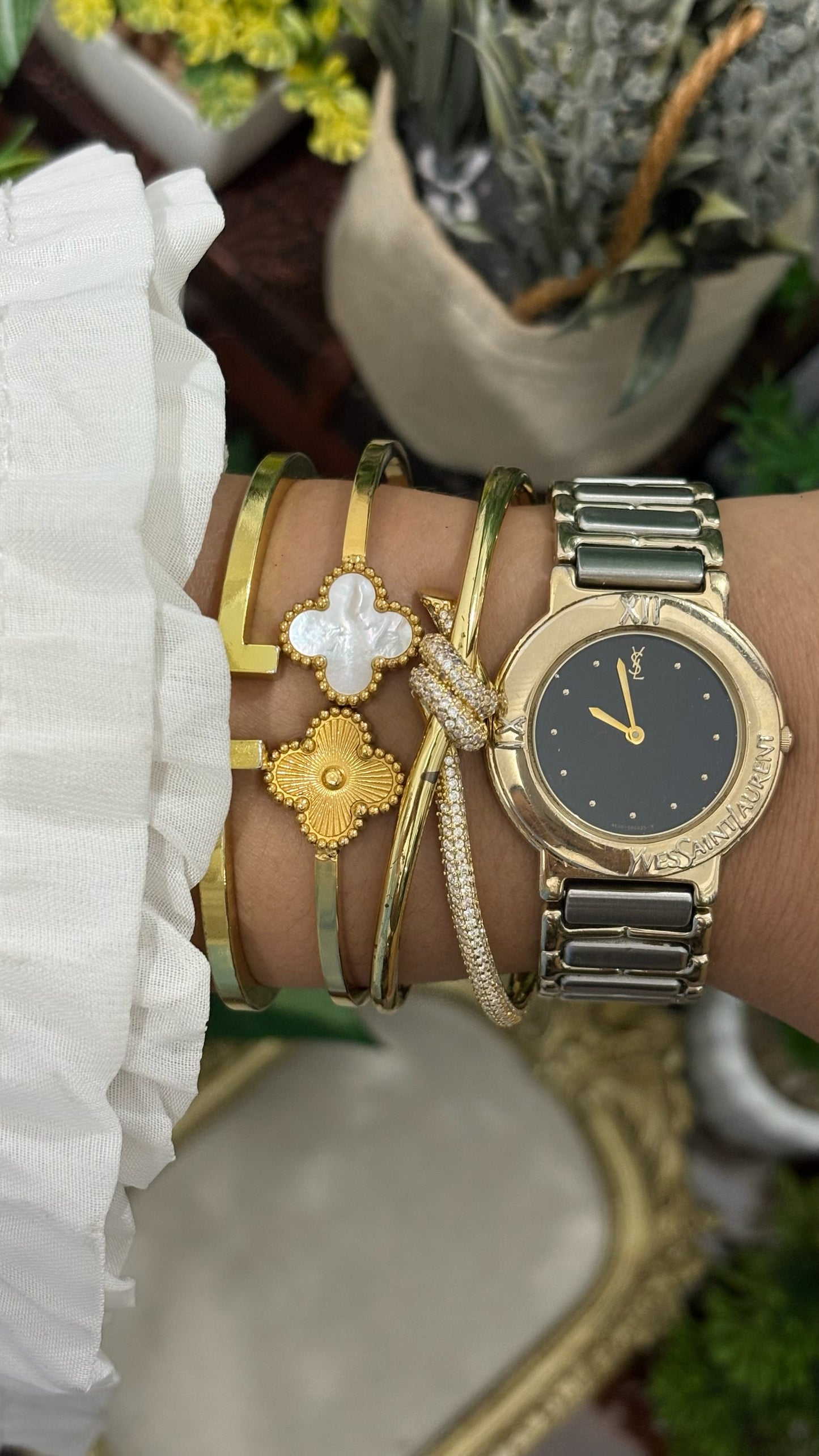 Rare Vintage YSL Embossed Bezel Dress Watch in Two-Tone Quartz