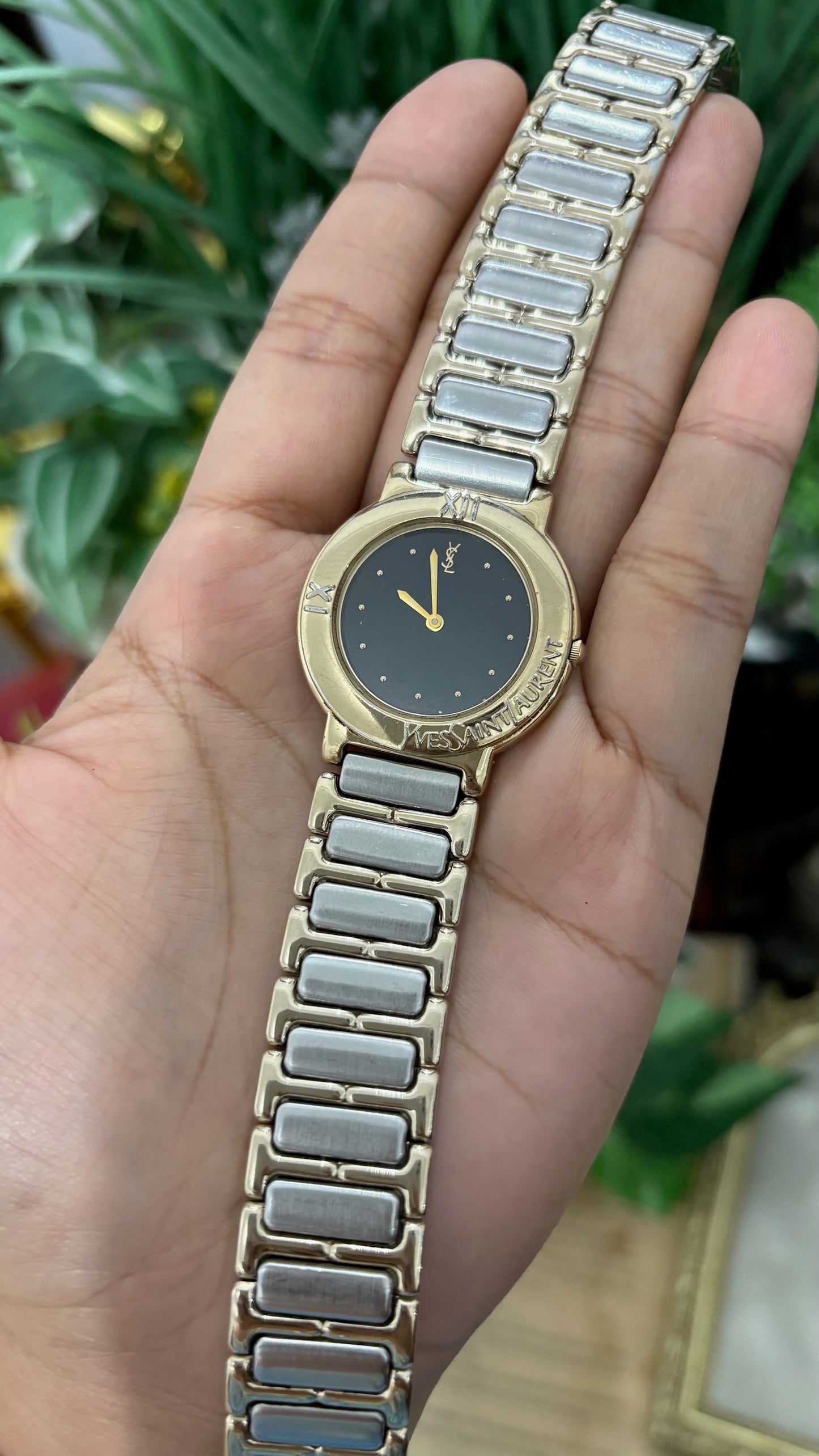 Rare Vintage YSL Embossed Bezel Dress Watch in Two-Tone Quartz