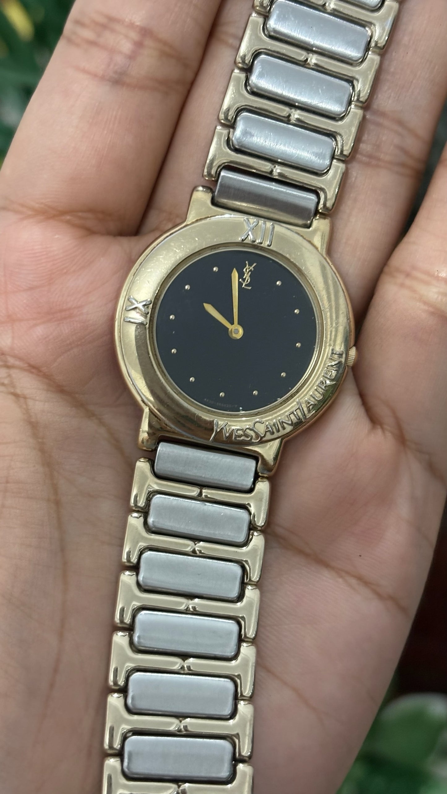 Rare Vintage YSL Embossed Bezel Dress Watch in Two-Tone Quartz