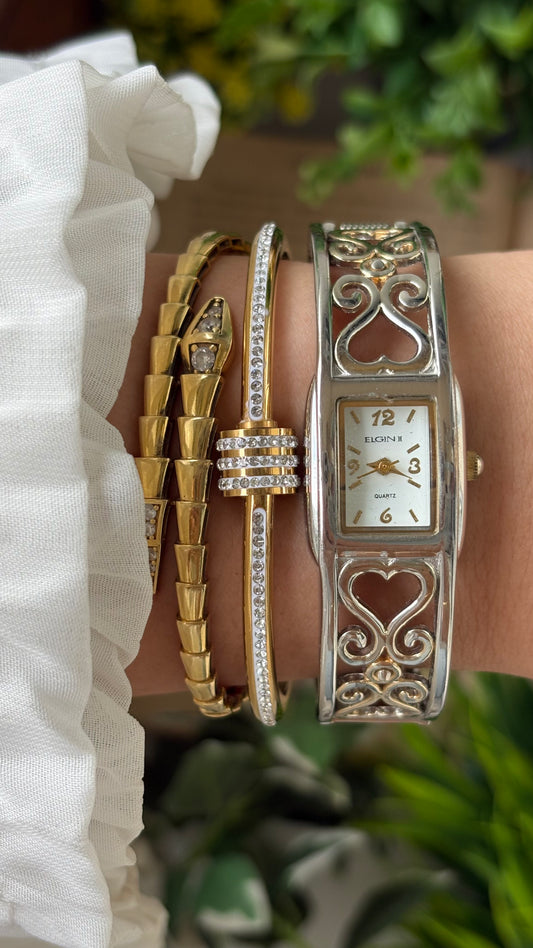 Rare Vintage Elgin II Princess Heart Details Bangle Watch in Silver Tone Quartz #00229