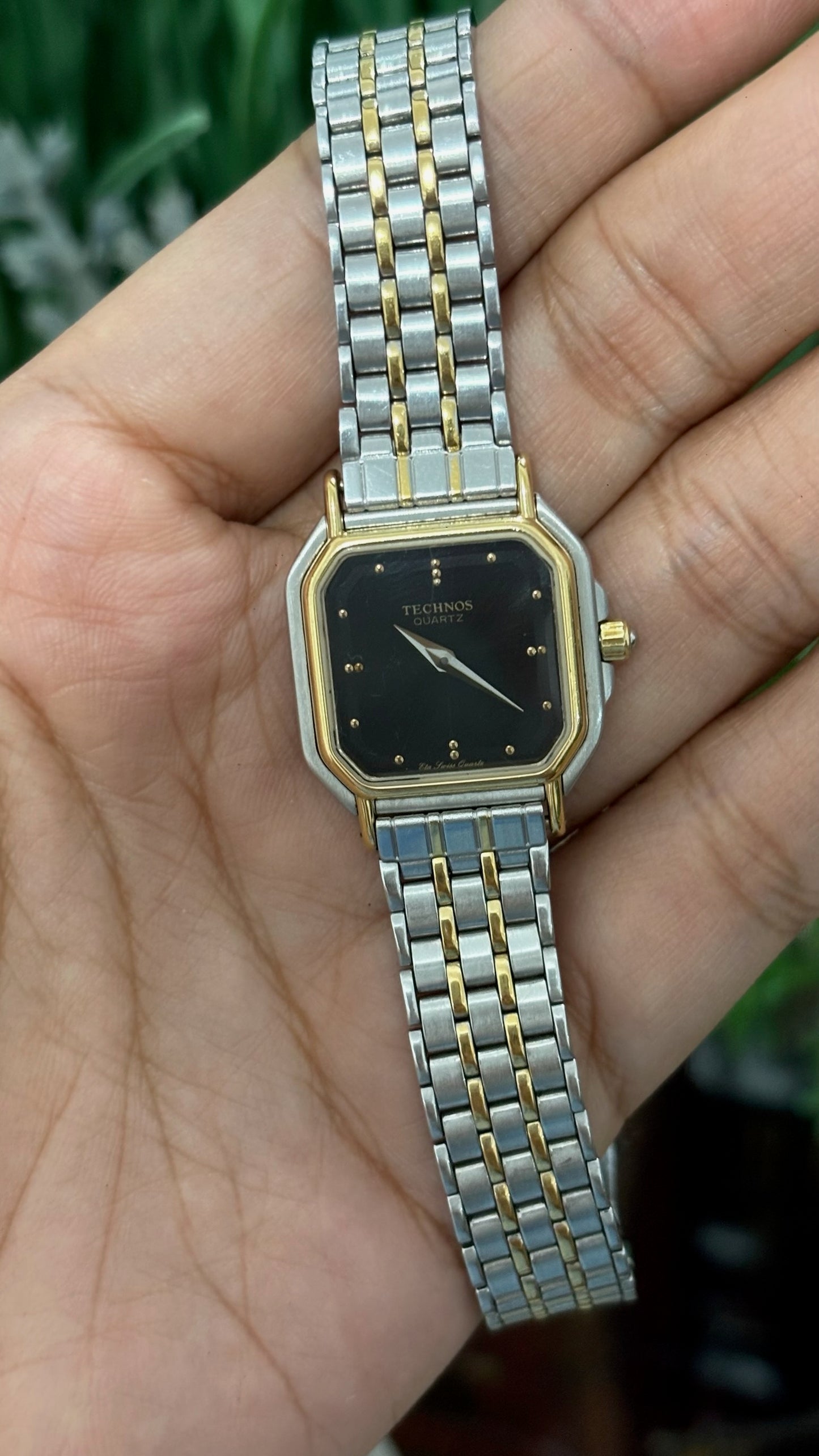 Rare Vintage Technos Mini Tank Watch in Two-Tone Black Dial Quartz