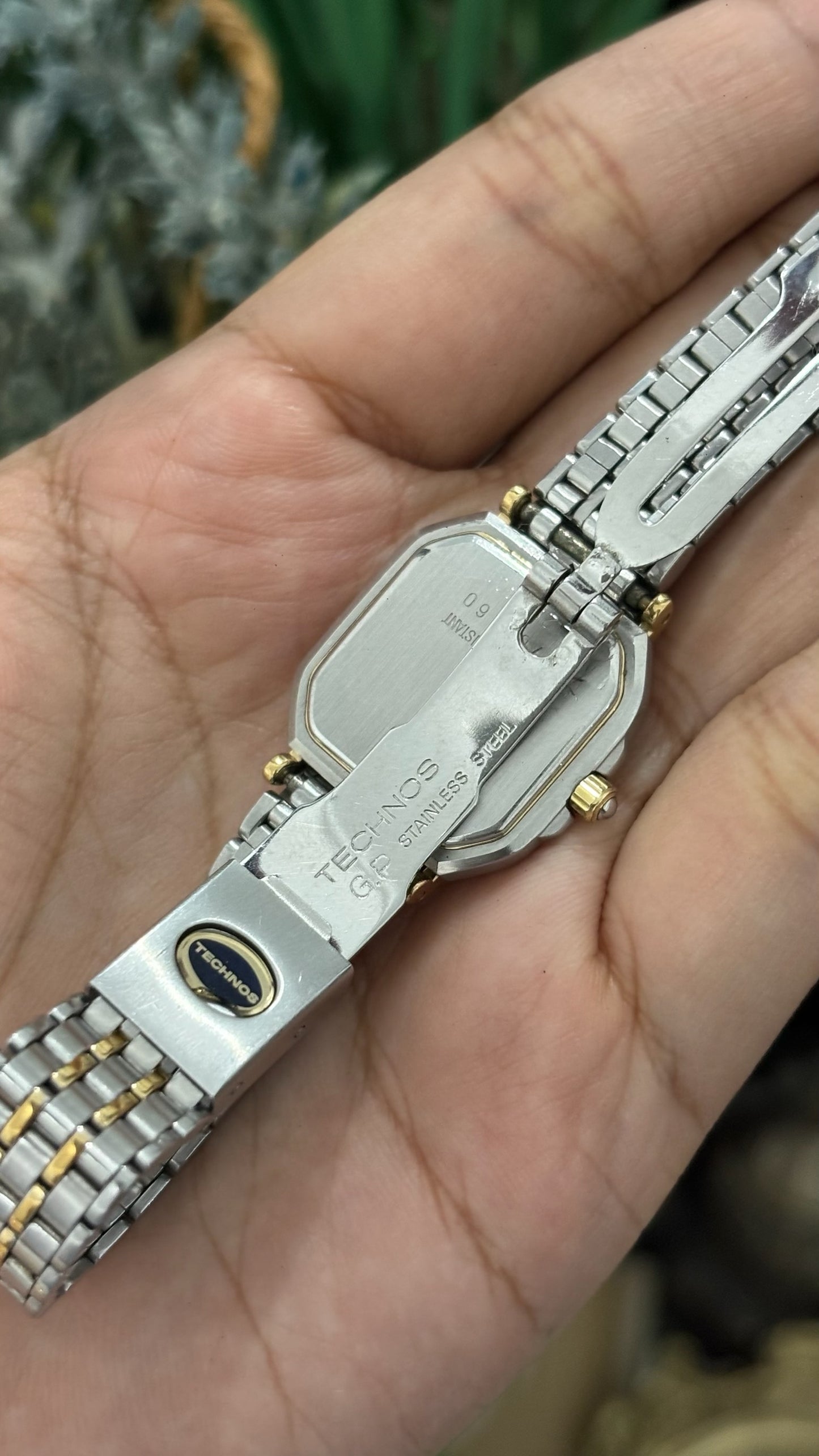 Rare Vintage Technos Mini Tank Watch in Two-Tone Black Dial Quartz