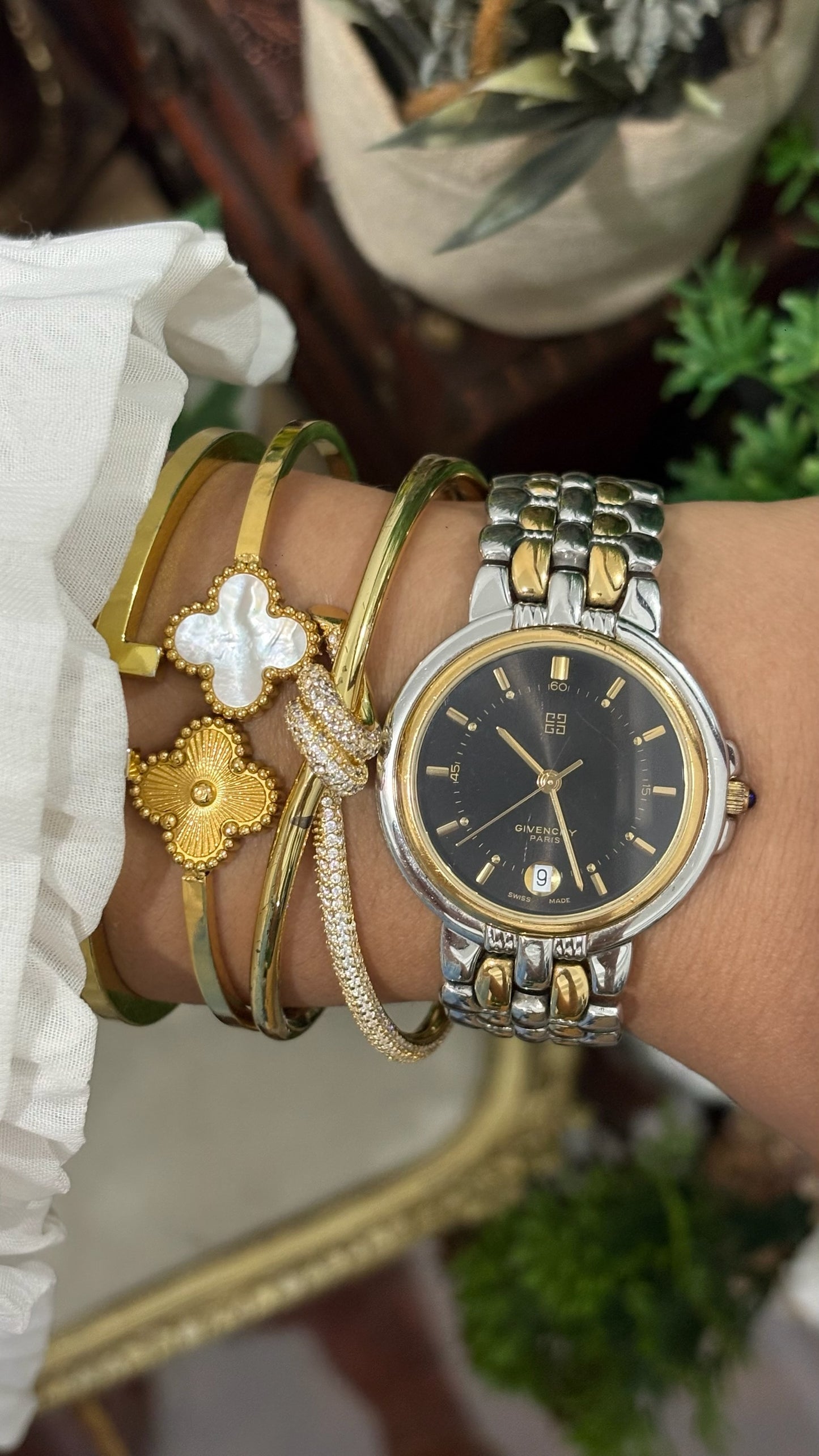 Rare Vintage Givenchy Date Window Mens Dress Watch in Two-Tone Black Dial Quartz