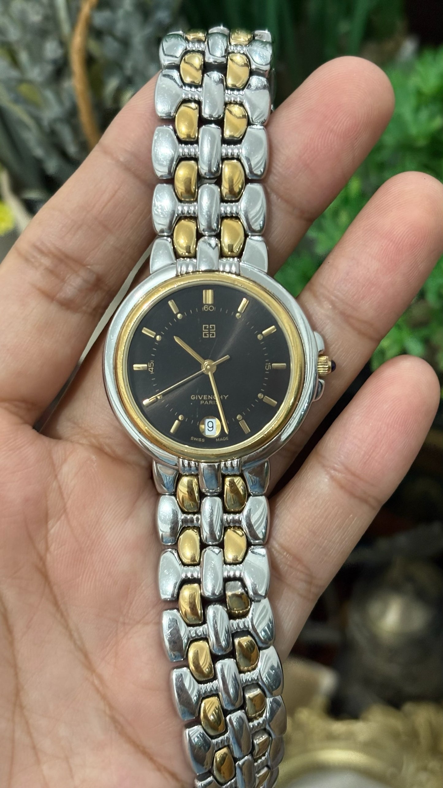 Rare Vintage Givenchy Date Window Mens Dress Watch in Two-Tone Black Dial Quartz