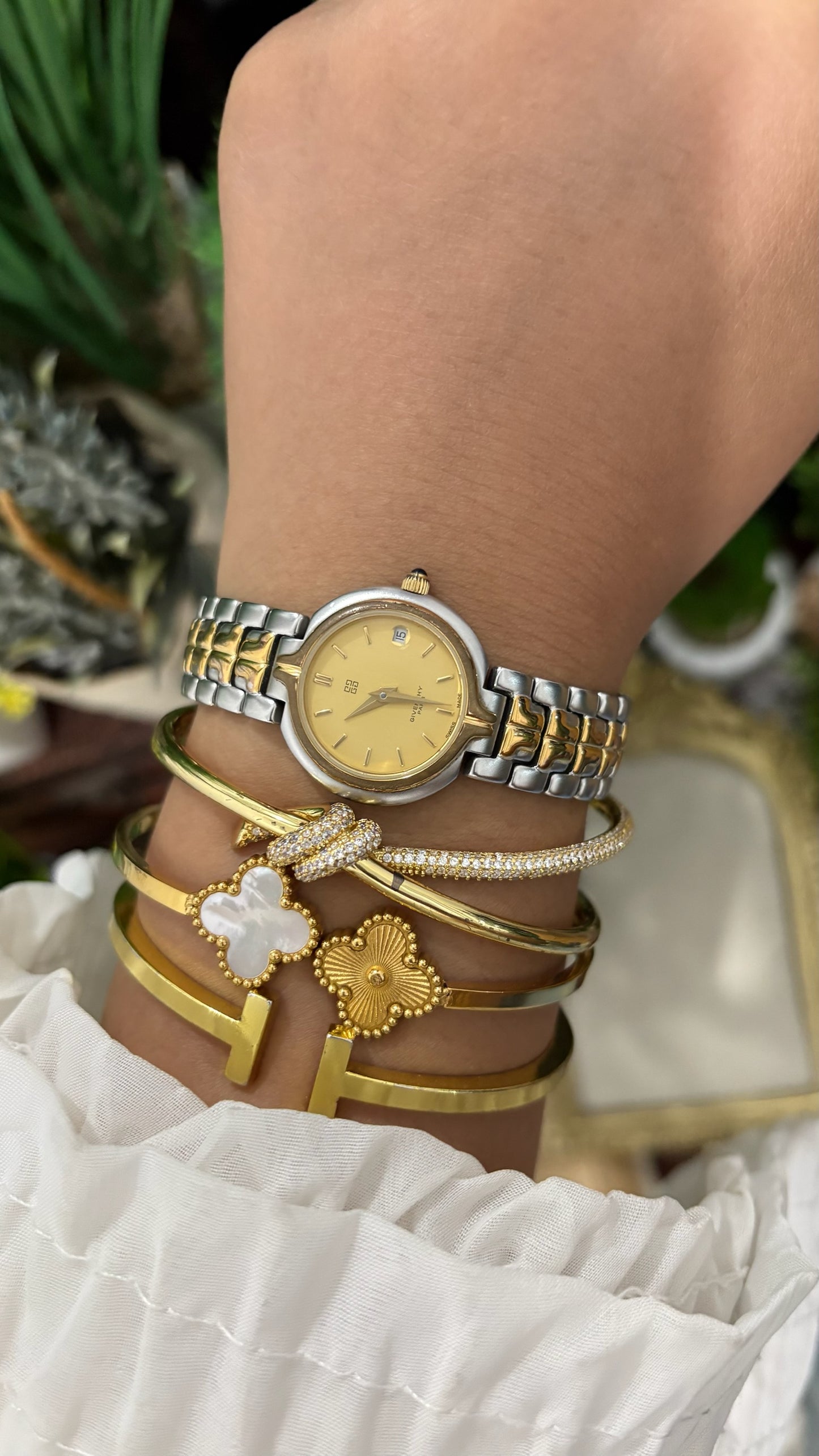 Rare Vintage Givenchy Paris Date Window Classic Dress Watch in Two-Tone Quartz