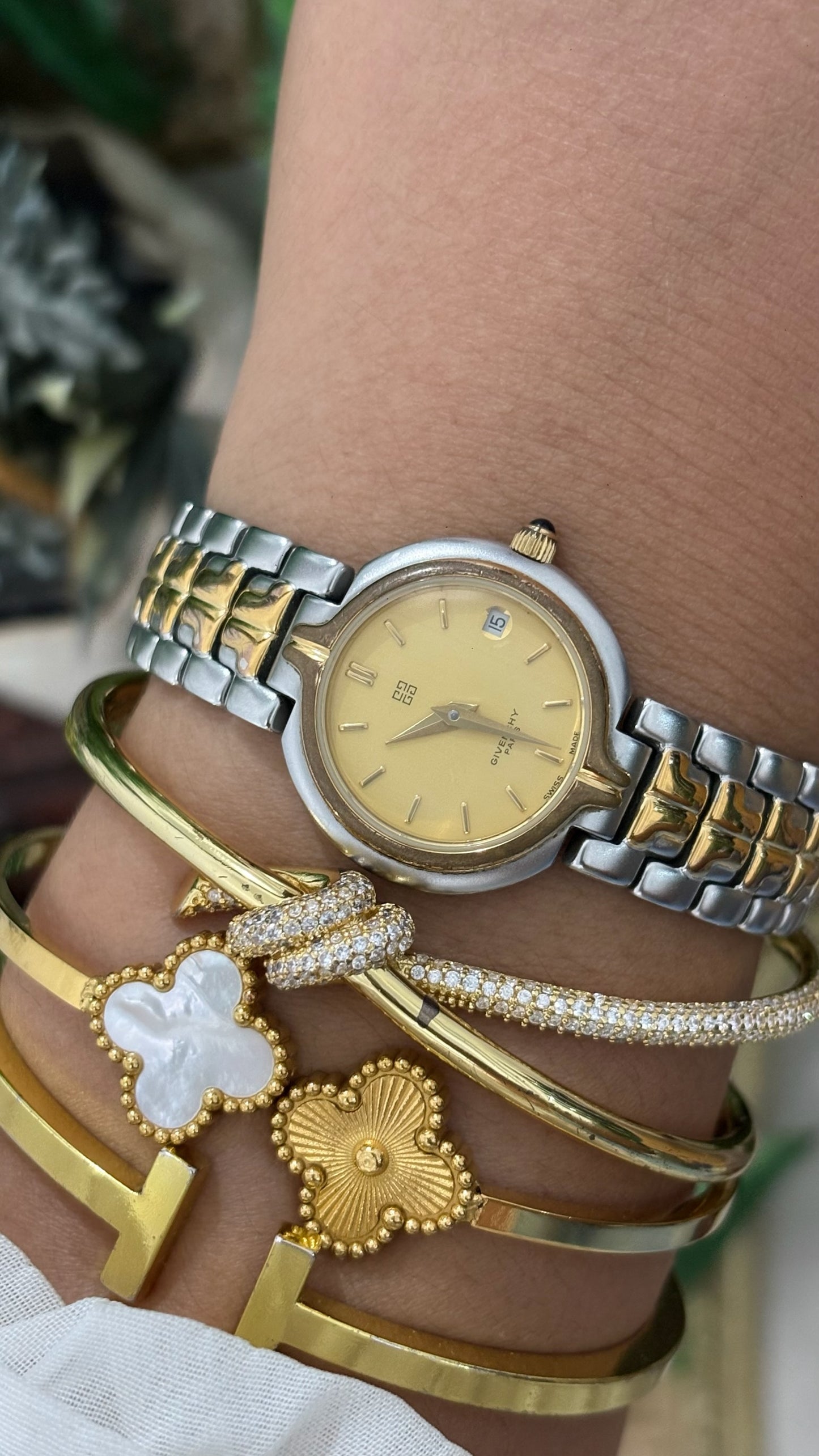 Rare Vintage Givenchy Paris Date Window Classic Dress Watch in Two-Tone Quartz