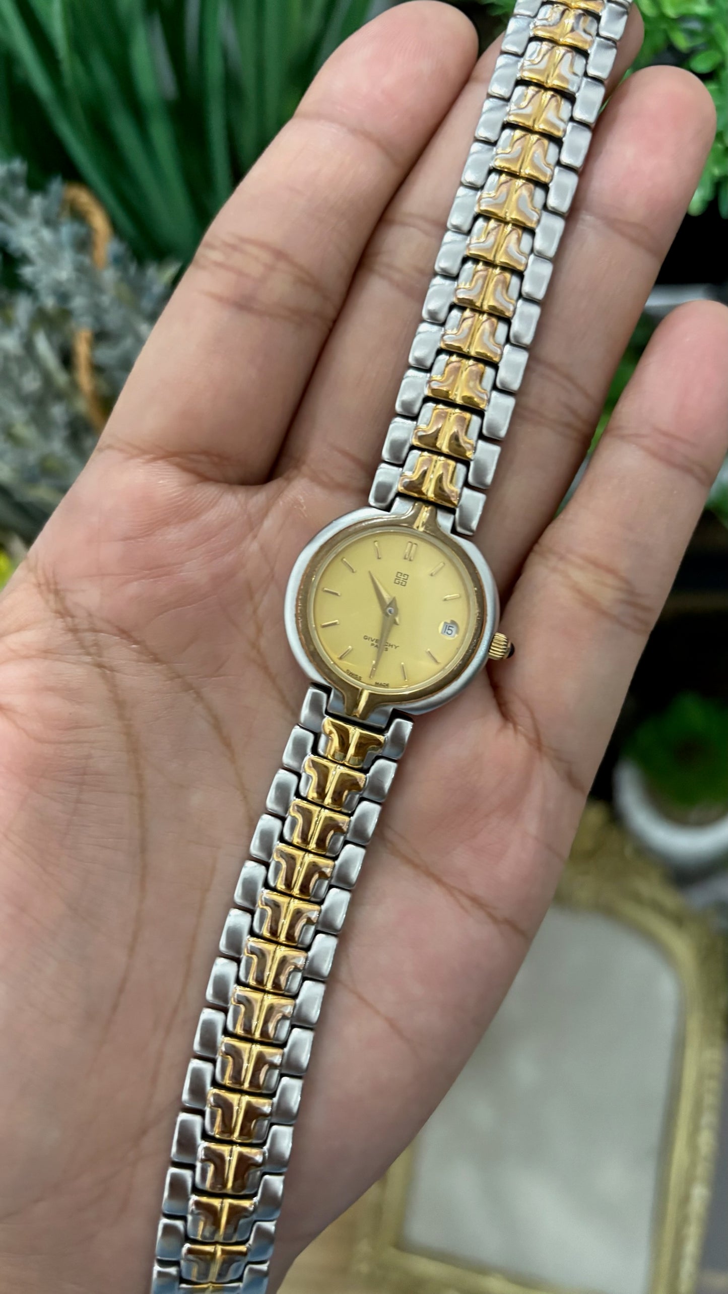 Rare Vintage Givenchy Paris Date Window Classic Dress Watch in Two-Tone Quartz