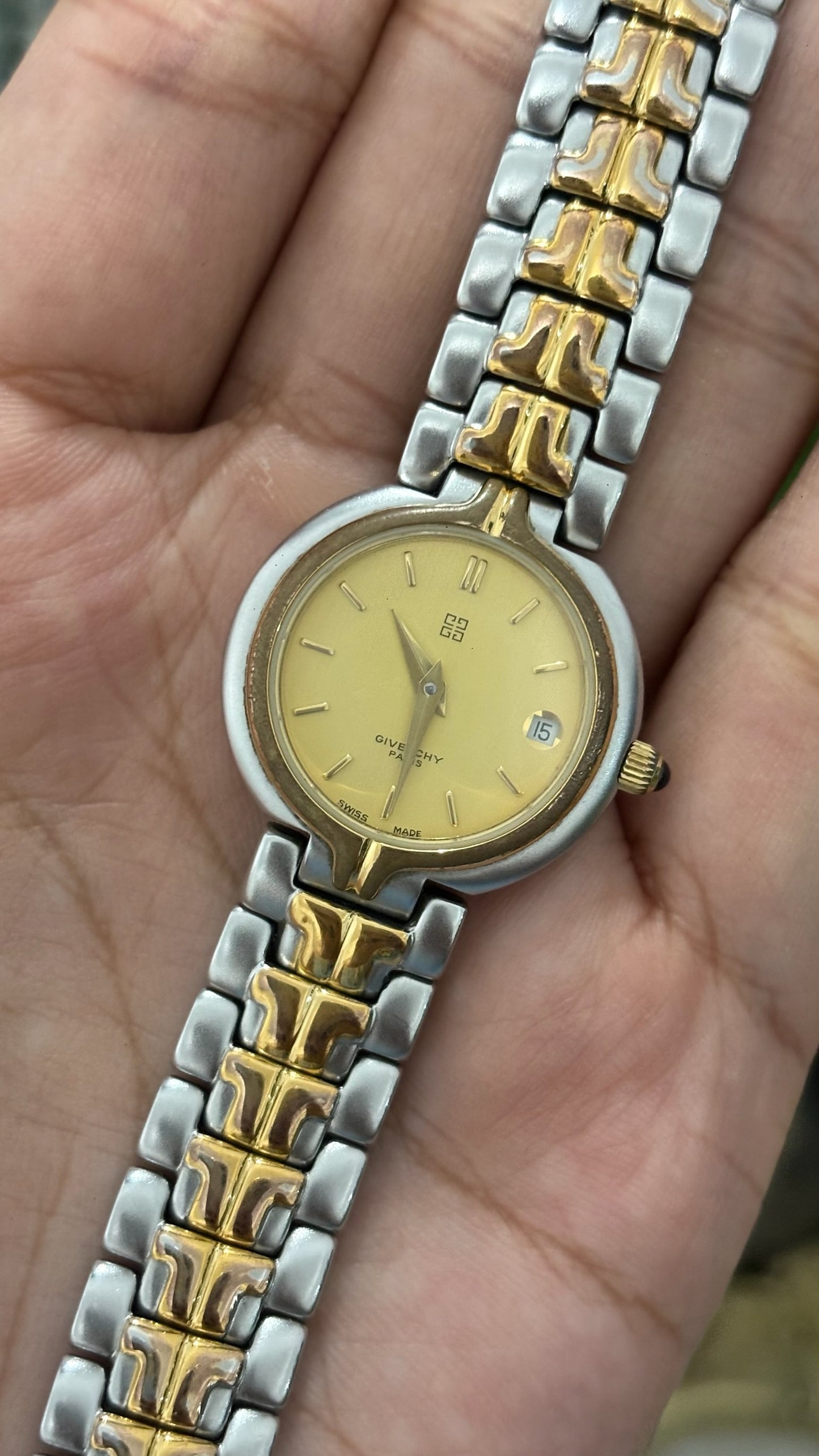 Rare Vintage Givenchy Paris Date Window Classic Dress Watch in Two-Tone Quartz