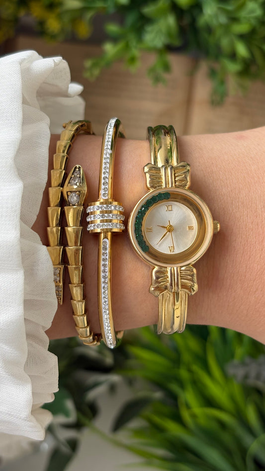 Rare Vintage Coquette Japan Quartz Dancing Green Jewels Bezel Watch in Gold Tone #00226