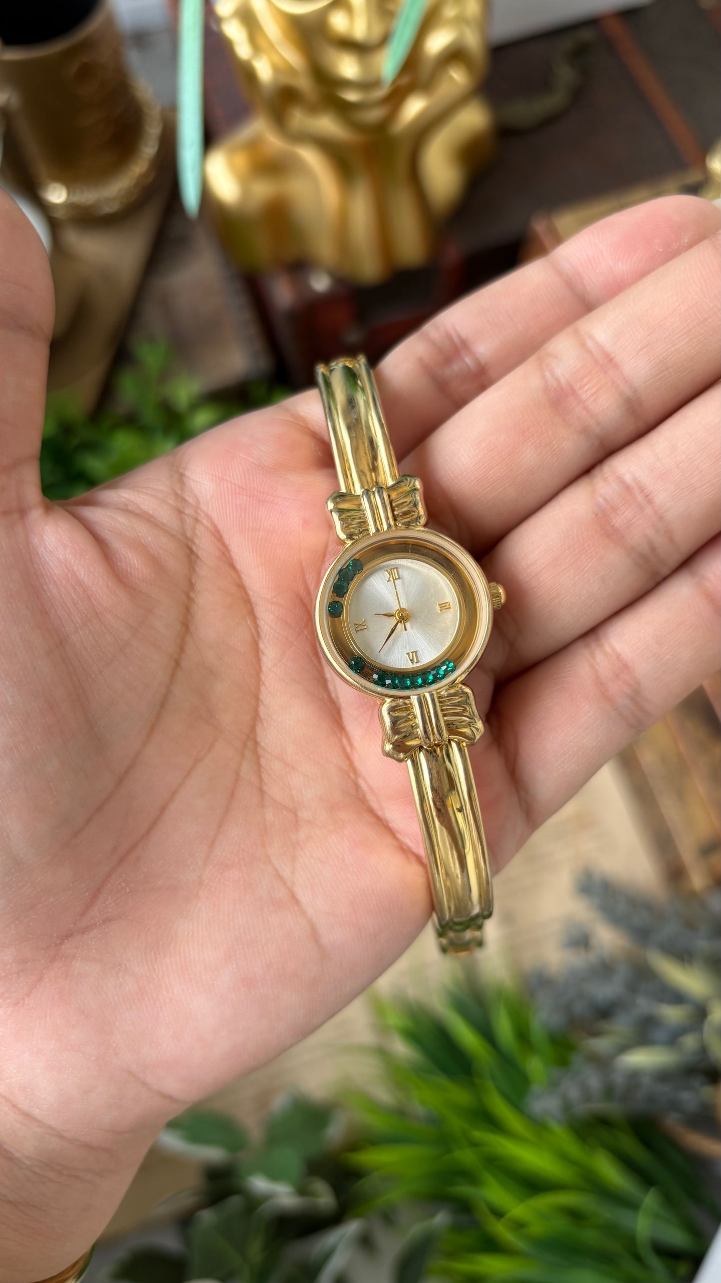Rare Vintage Coquette Japan Quartz Dancing Green Jewels Bezel Watch in Gold Tone #00226