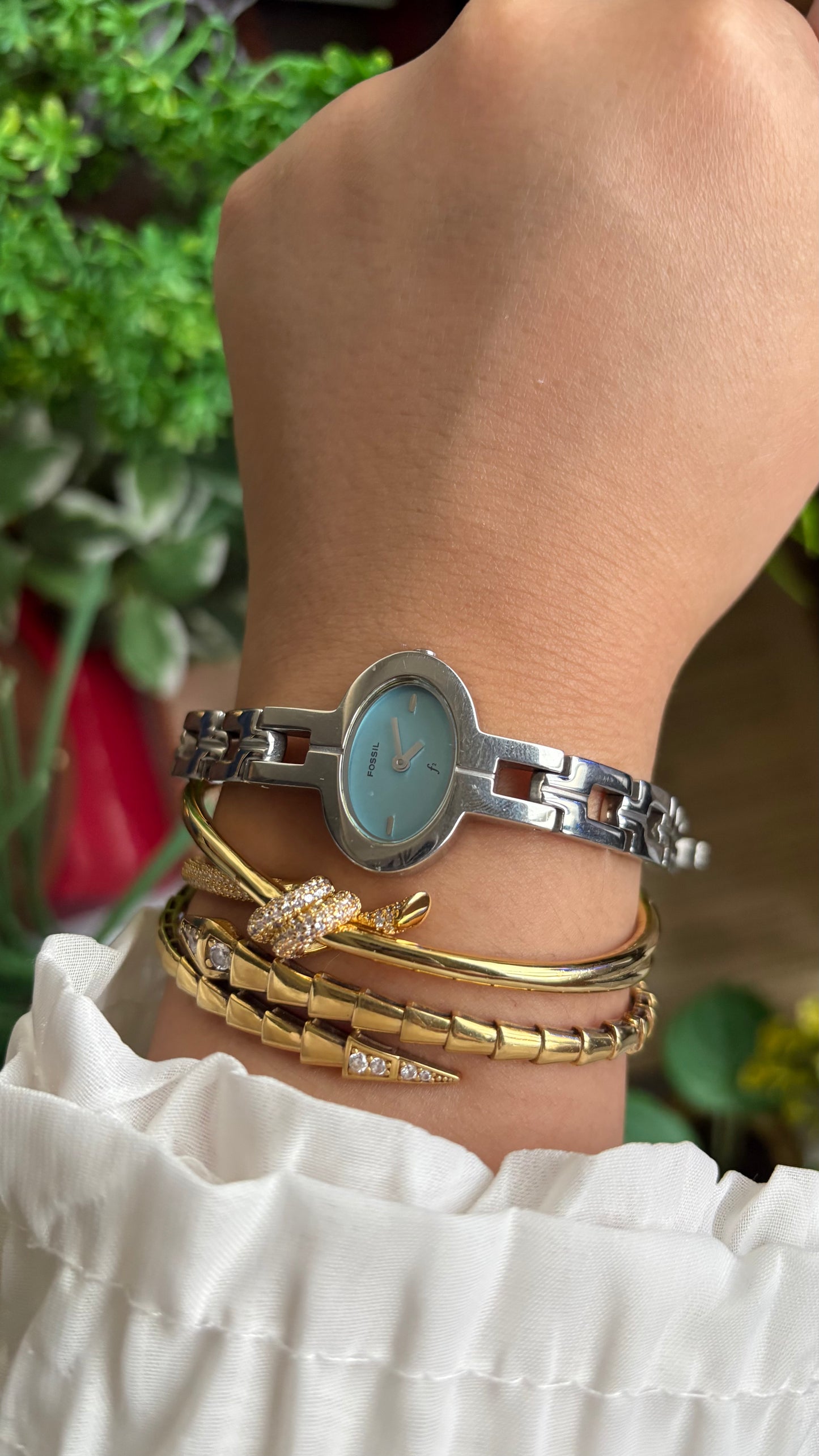 Vintage Rare Fossil Watch in Silver Tone Blue Oval Dial