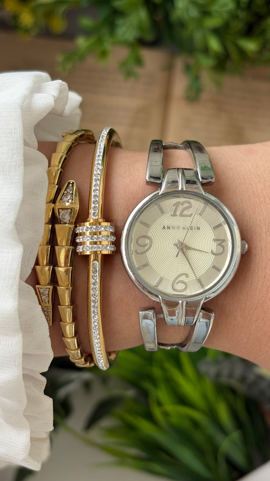 Vintage Anne Klein Semi-Bangle Watch in Silver Tone Checkered Texture Dial Quartz #00276