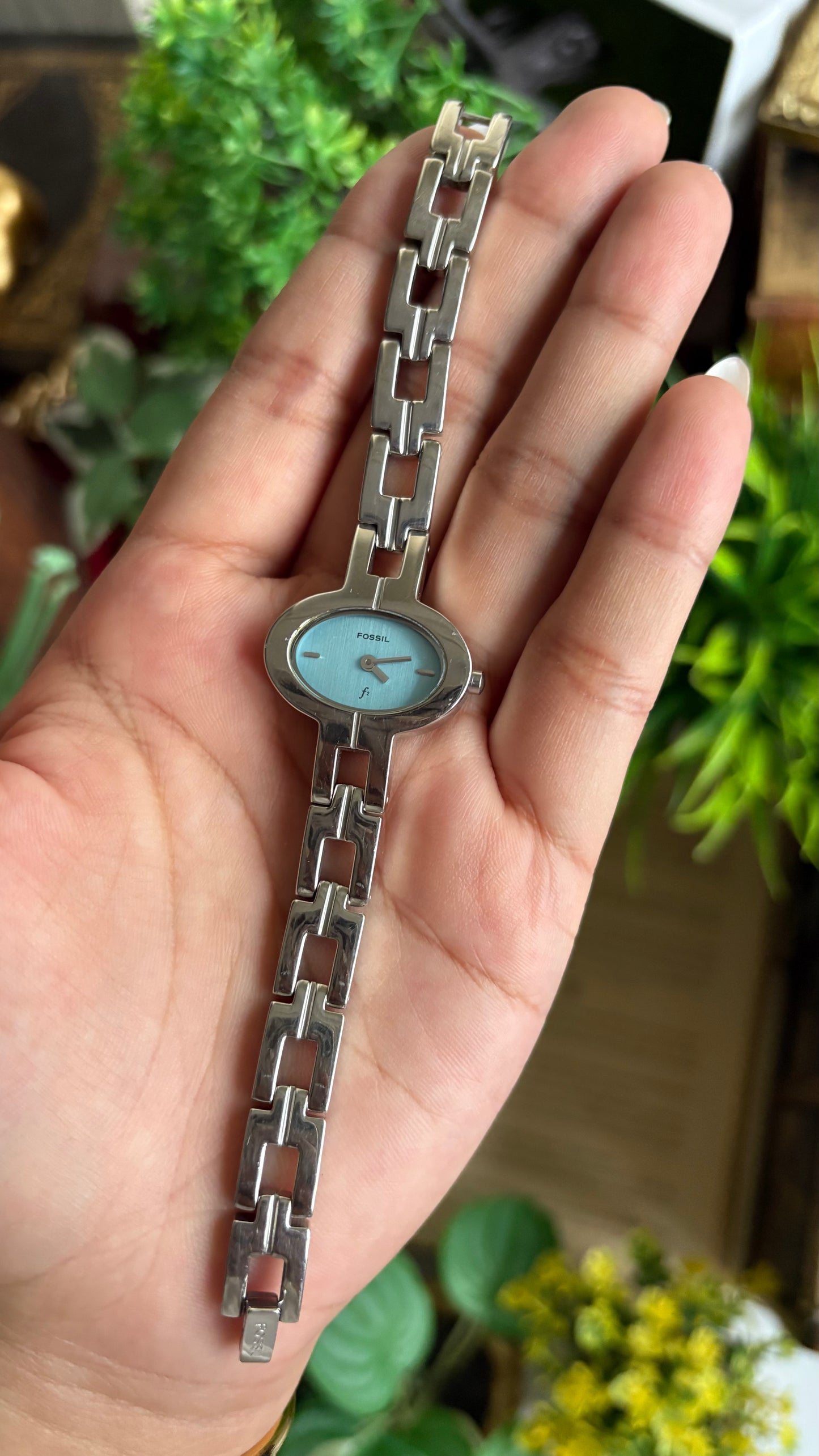 Vintage Rare Fossil Watch in Silver Tone Blue Oval Dial