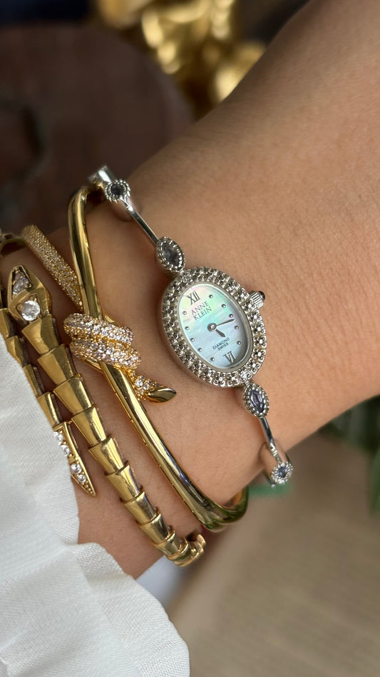 Vintage Anne Klein Swiss Watch in Silver Tone with Genuine Diamonds and Spinel Stone Mother of Pearl Dial