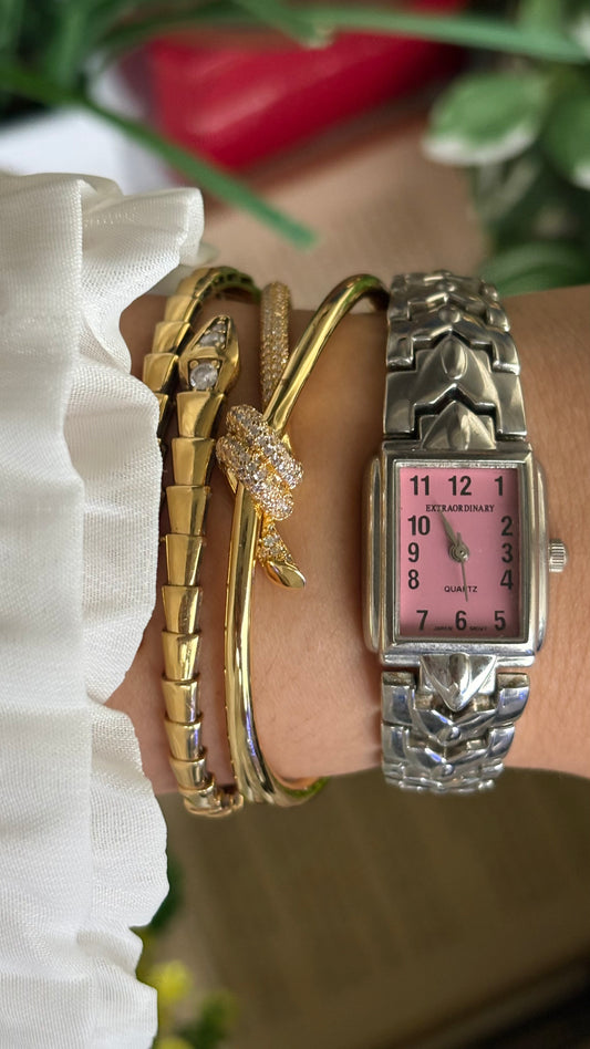 Vintage Extraordinary Watch in Silver Tone Pink Dial