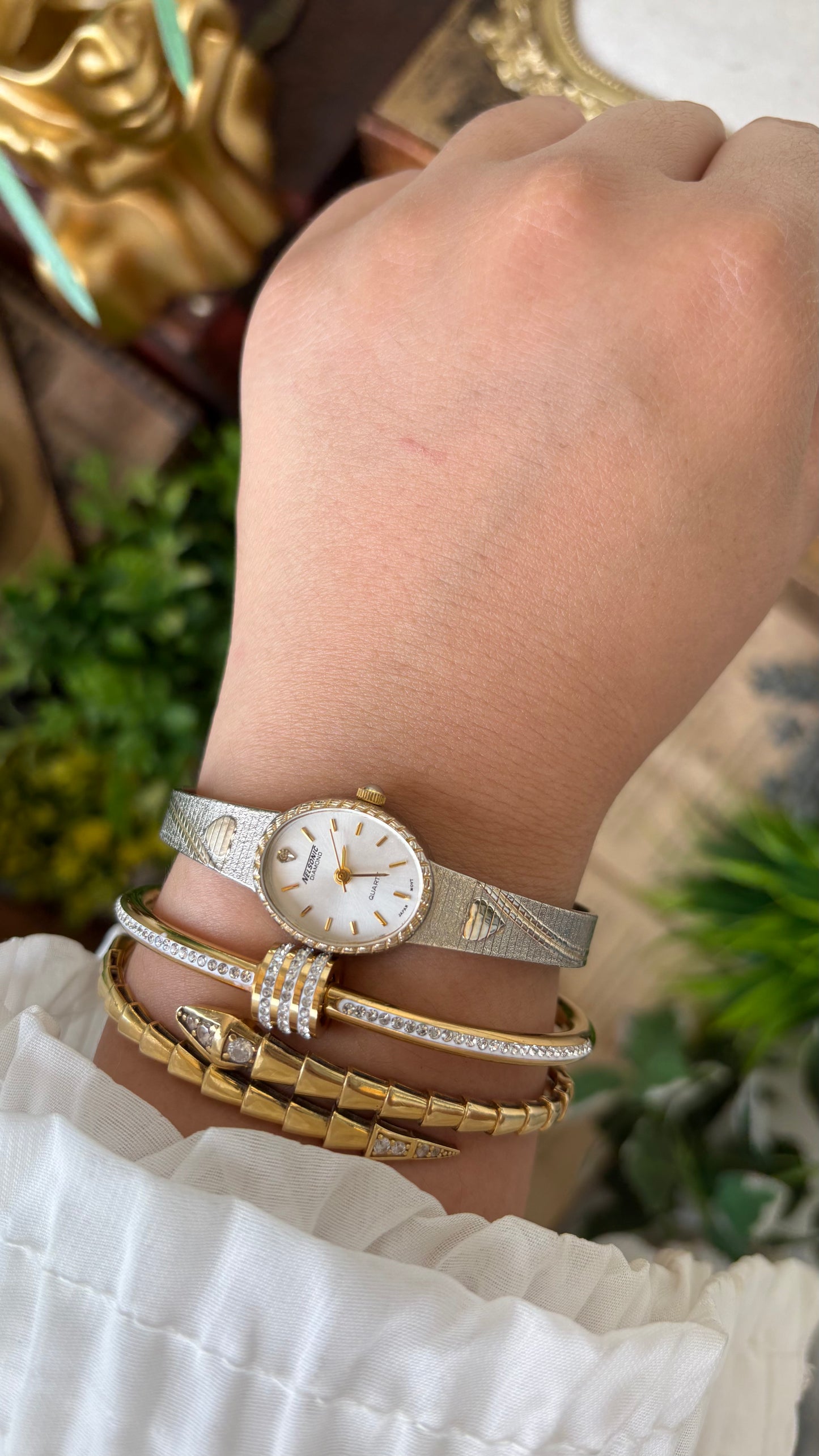 Vintage Dainty Nelsonic Embossed Heart Strap Watch in Two-Tone Diamond on Oval Dial Quartz #00218