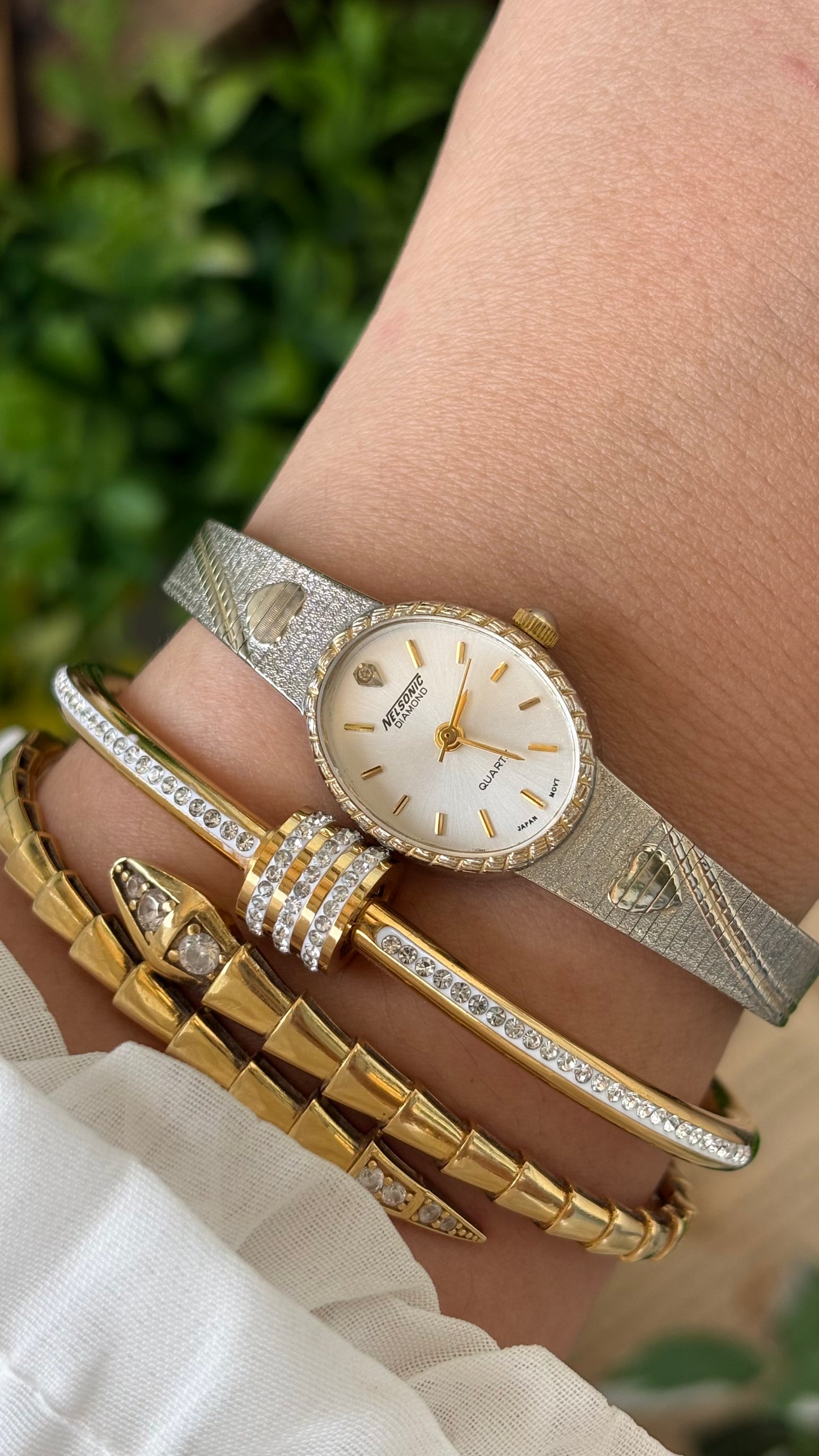 Vintage Dainty Nelsonic Embossed Heart Strap Watch in Two-Tone Diamond on Oval Dial Quartz #00218