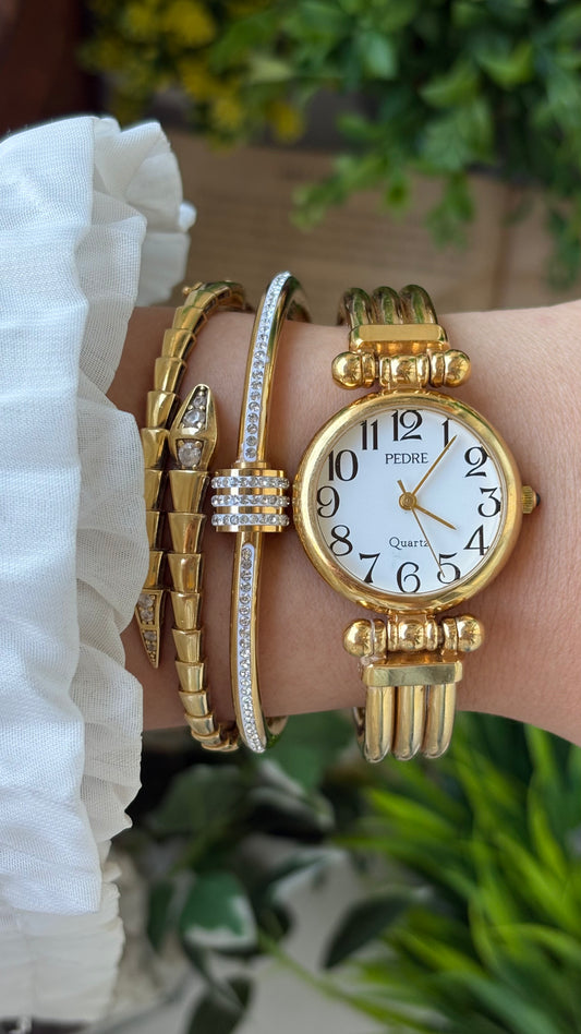 Rare Vintage Pedre Elegant Tri-band Bangle Watch in Gold Tone Quartz #00203